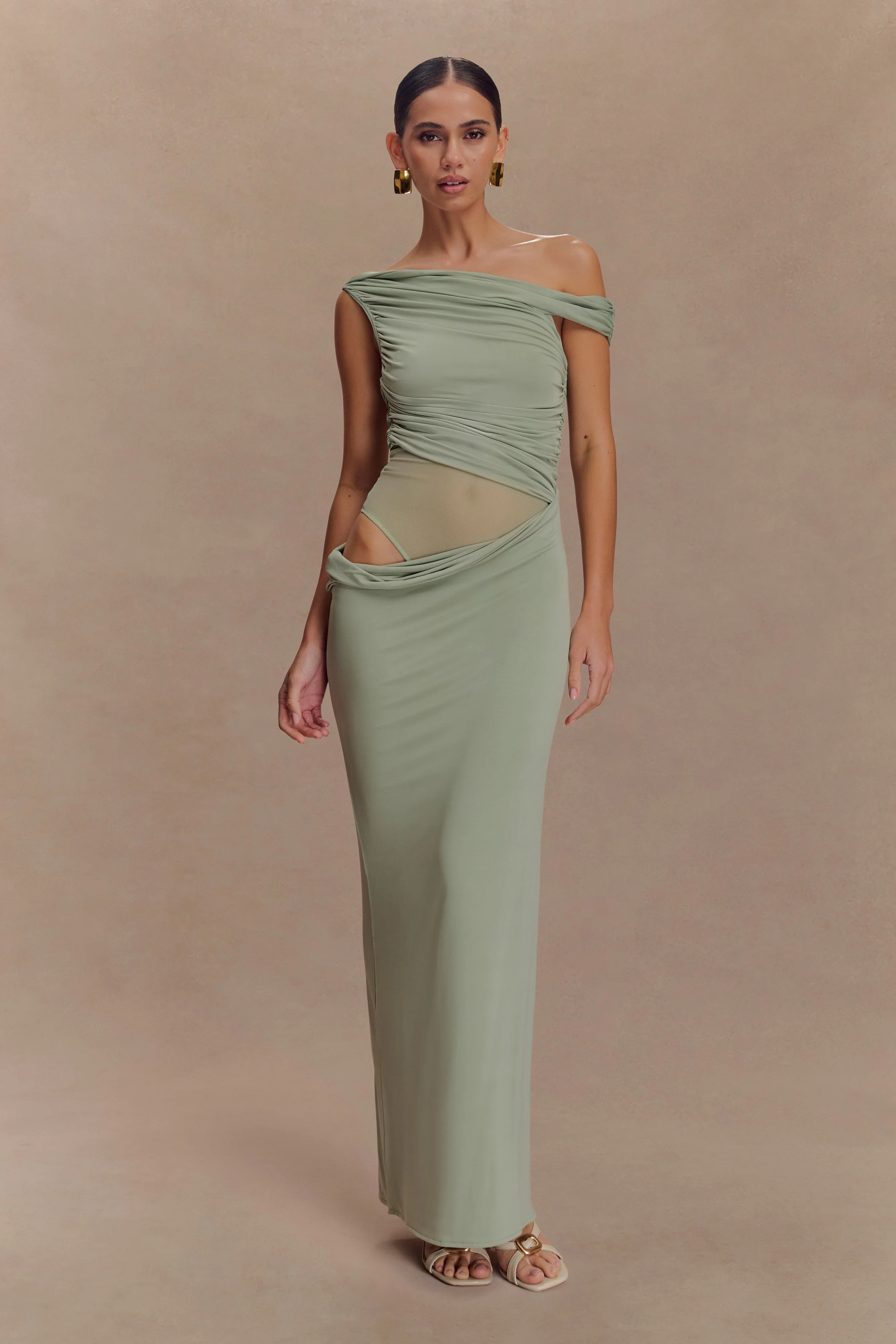 Callen One Shoulder Slinky Maxi Dress - Sage