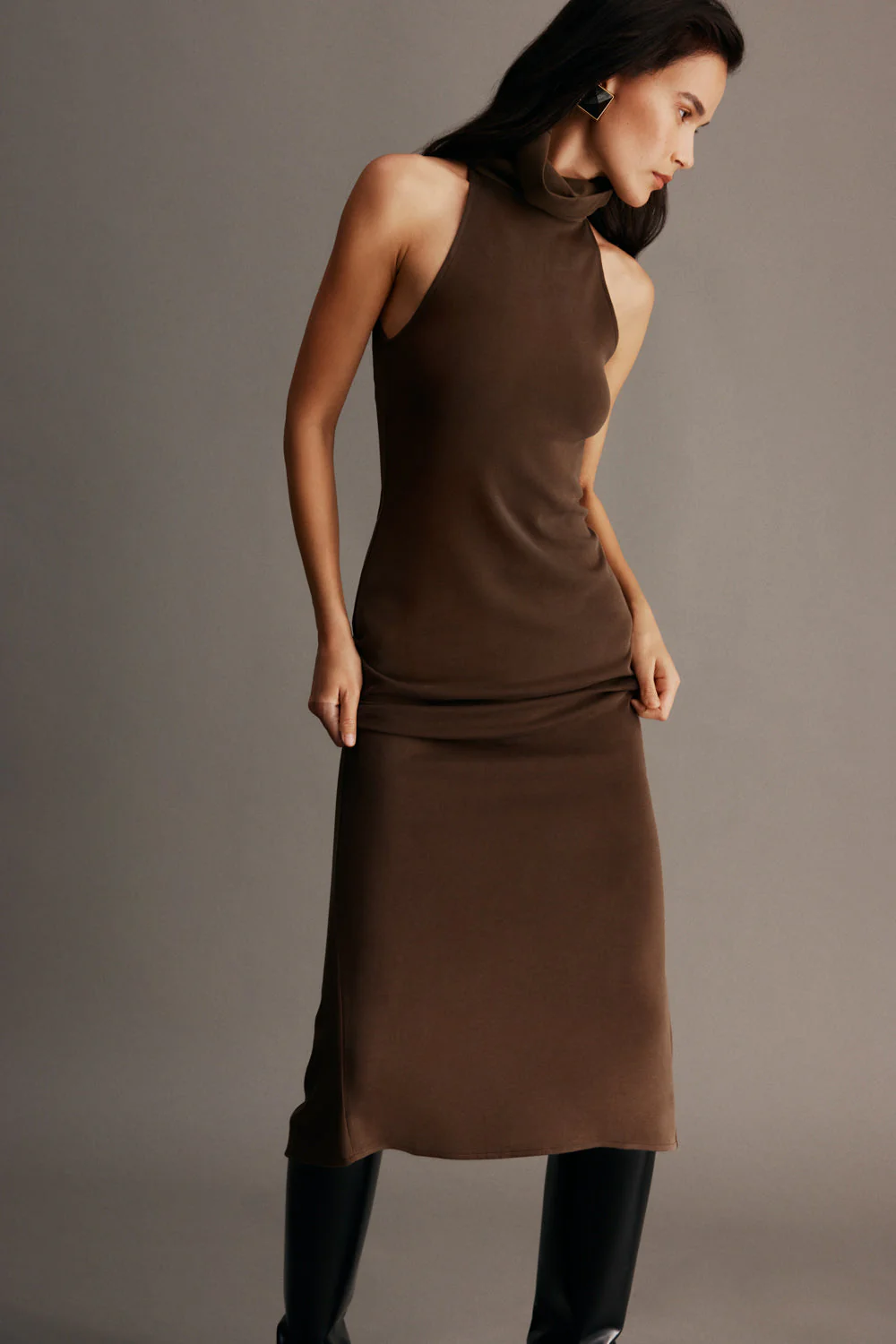 Kennedy High Neck Midi Dress - Chocolate