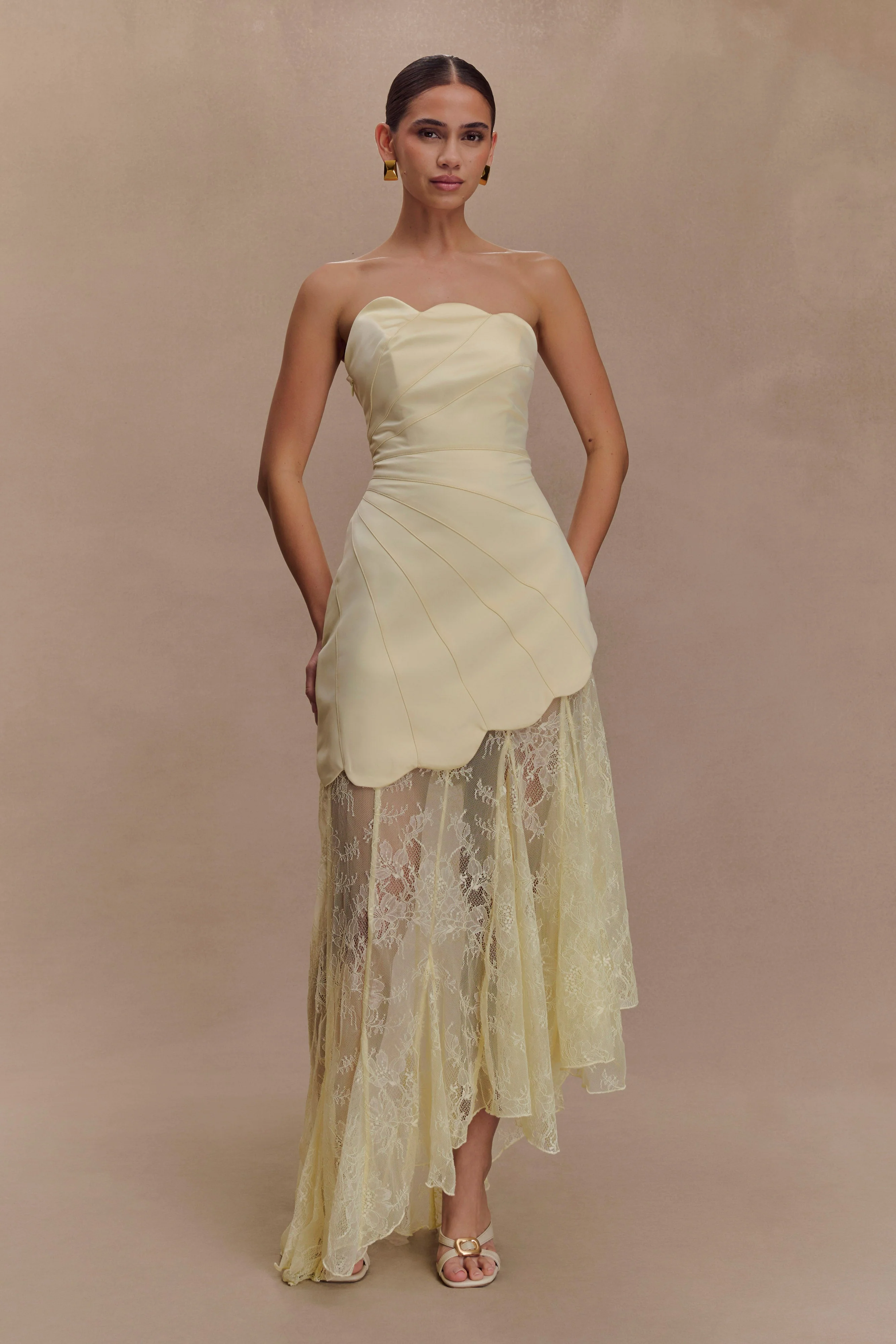 Aleena Satin And Lace Maxi Dress - Lemon