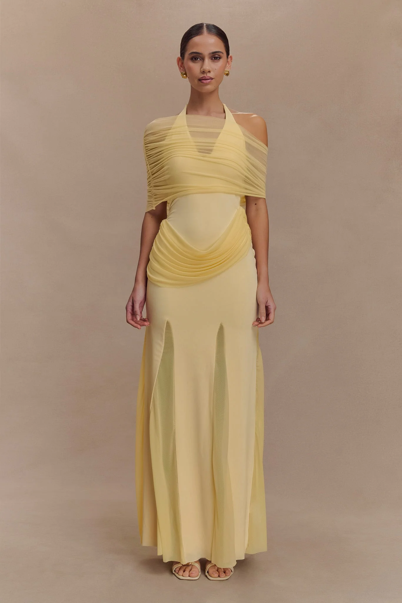 Gabrielle Slinky And Mesh Maxi Dress - Lemon