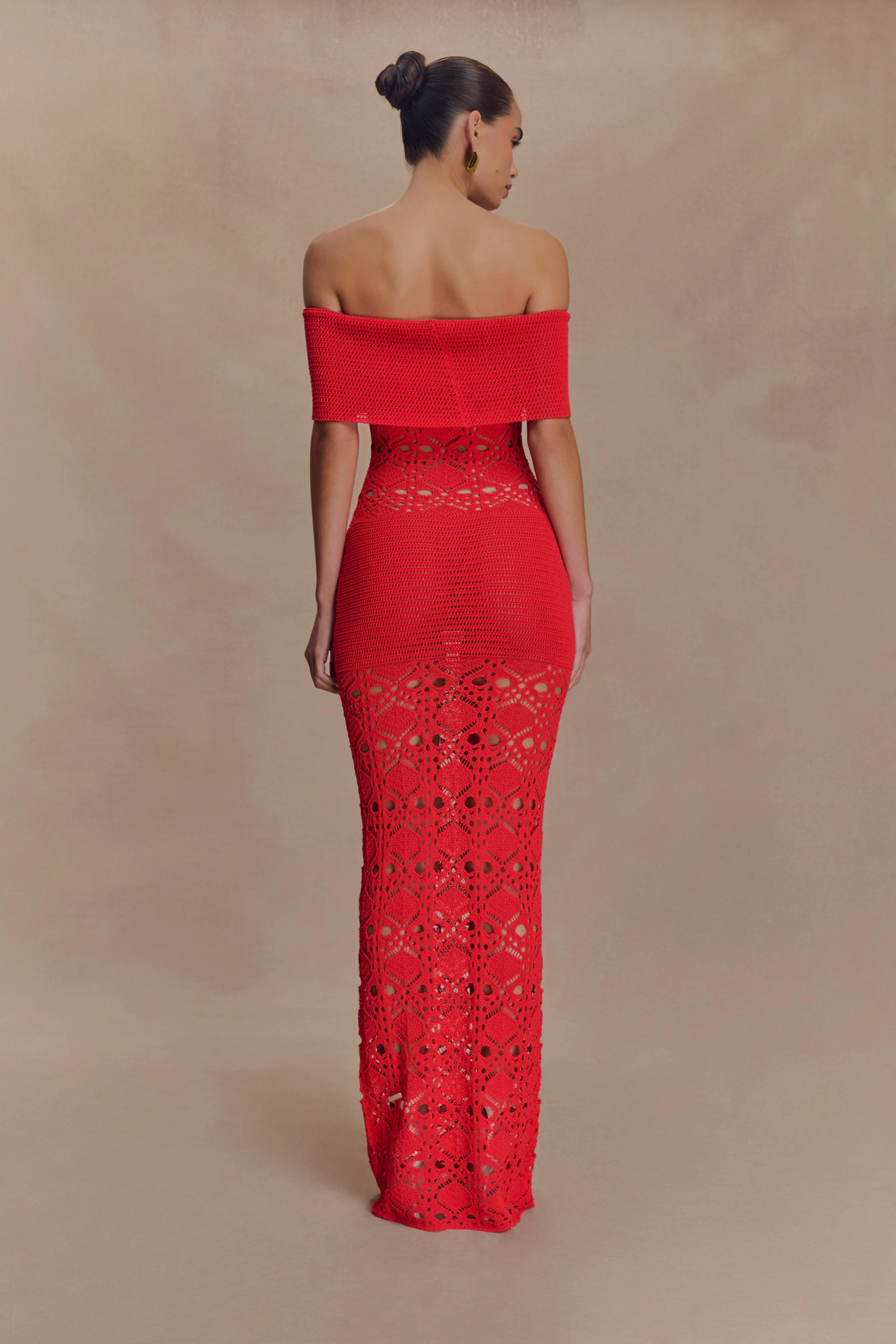 Solstice Off Shoulder Crochet Knit Maxi Dress - Blood Orange