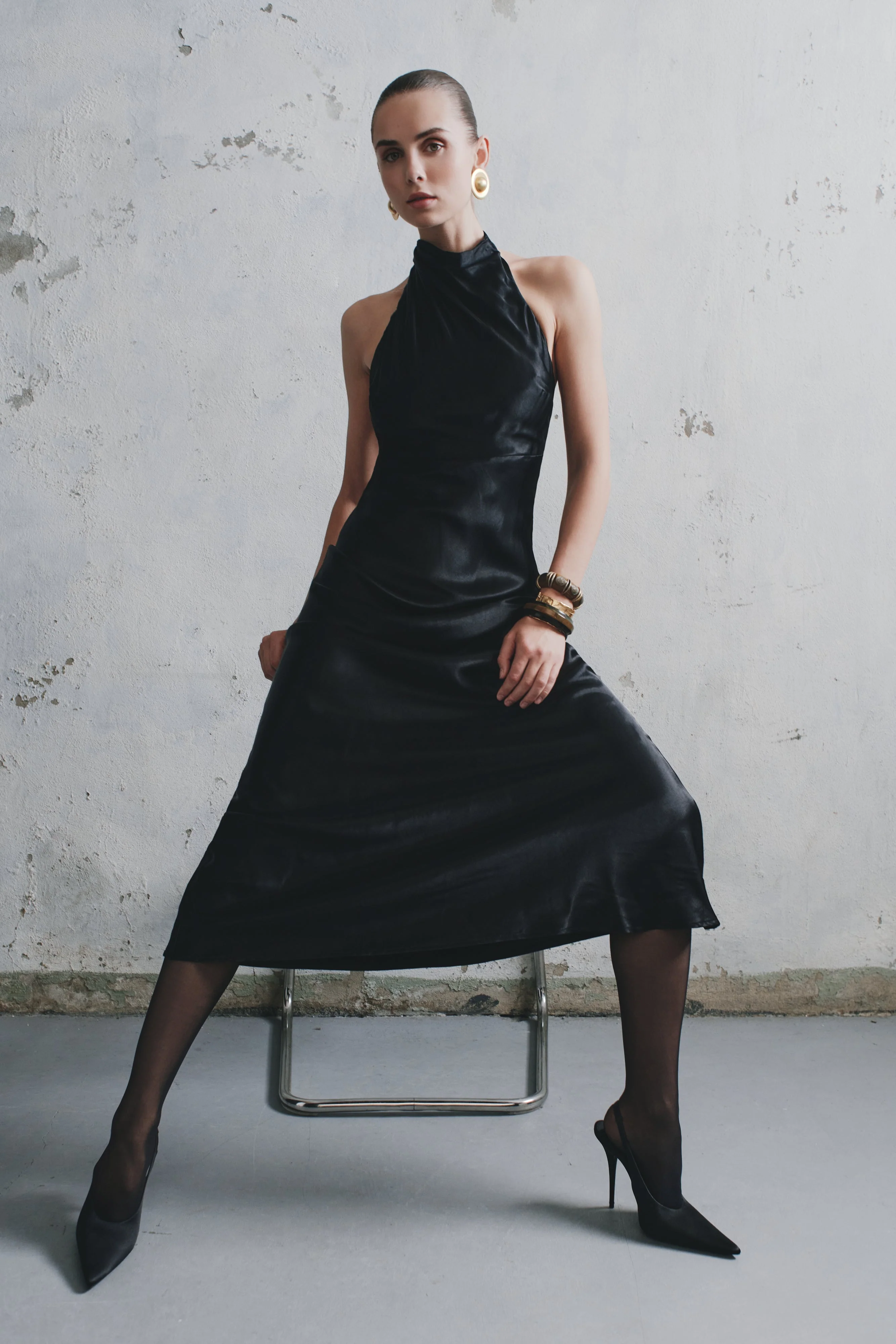 Esther Iridescent Satin Cowl Maxi Dress - Black