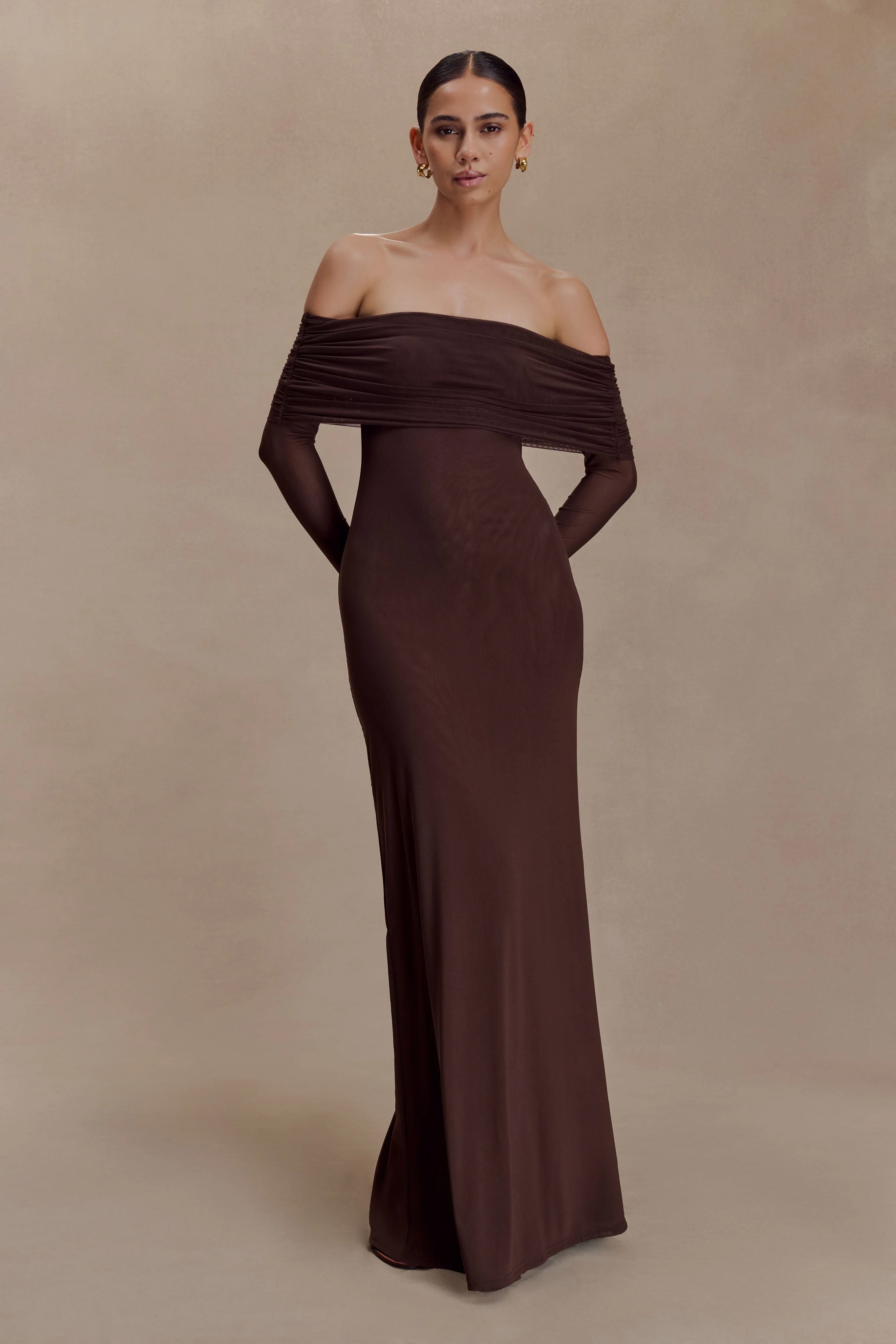 Josie Off Shoulder Mesh Maxi Dress - Dark Brown