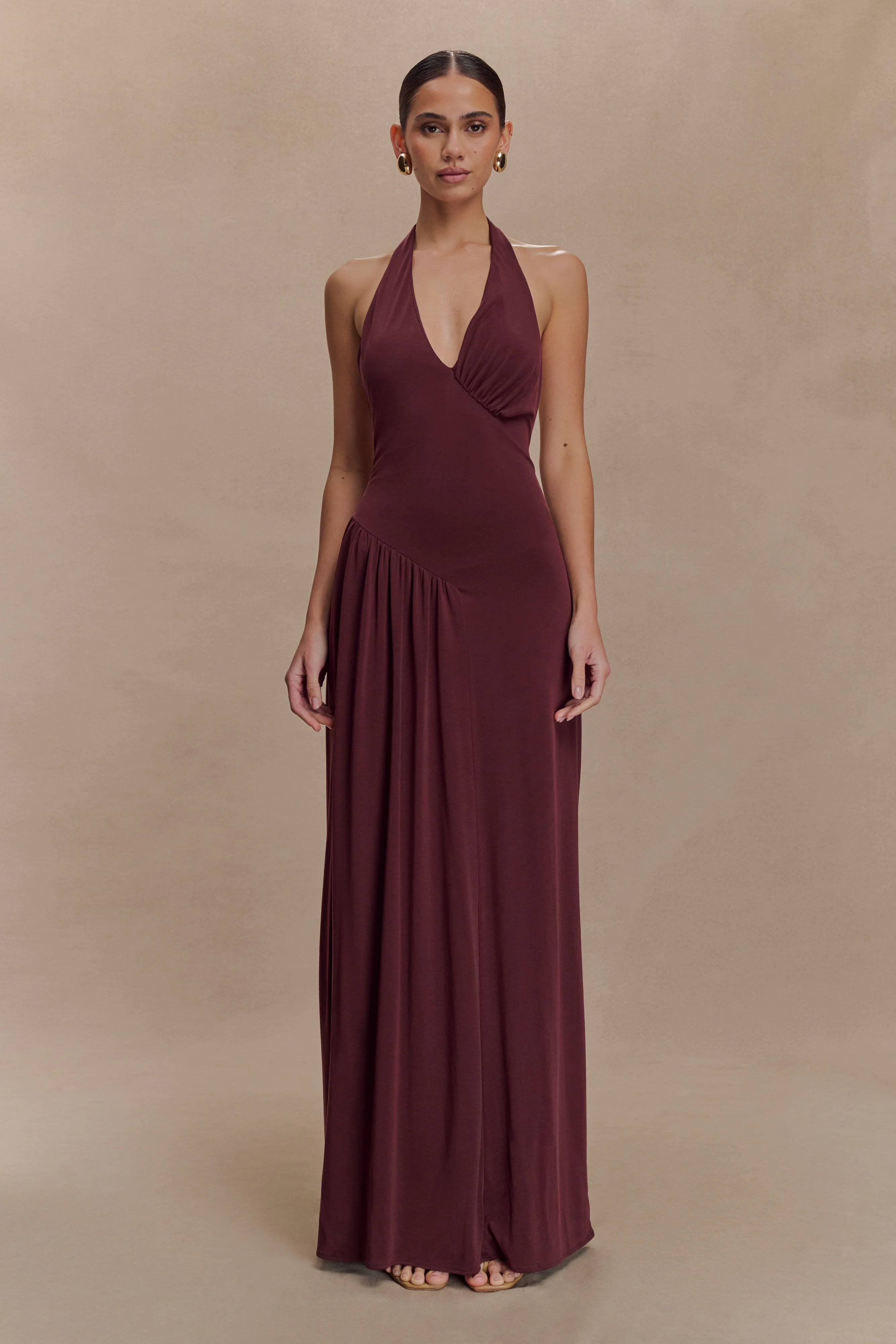 Yelena Ruched Halter Maxi Dress - Mahogany