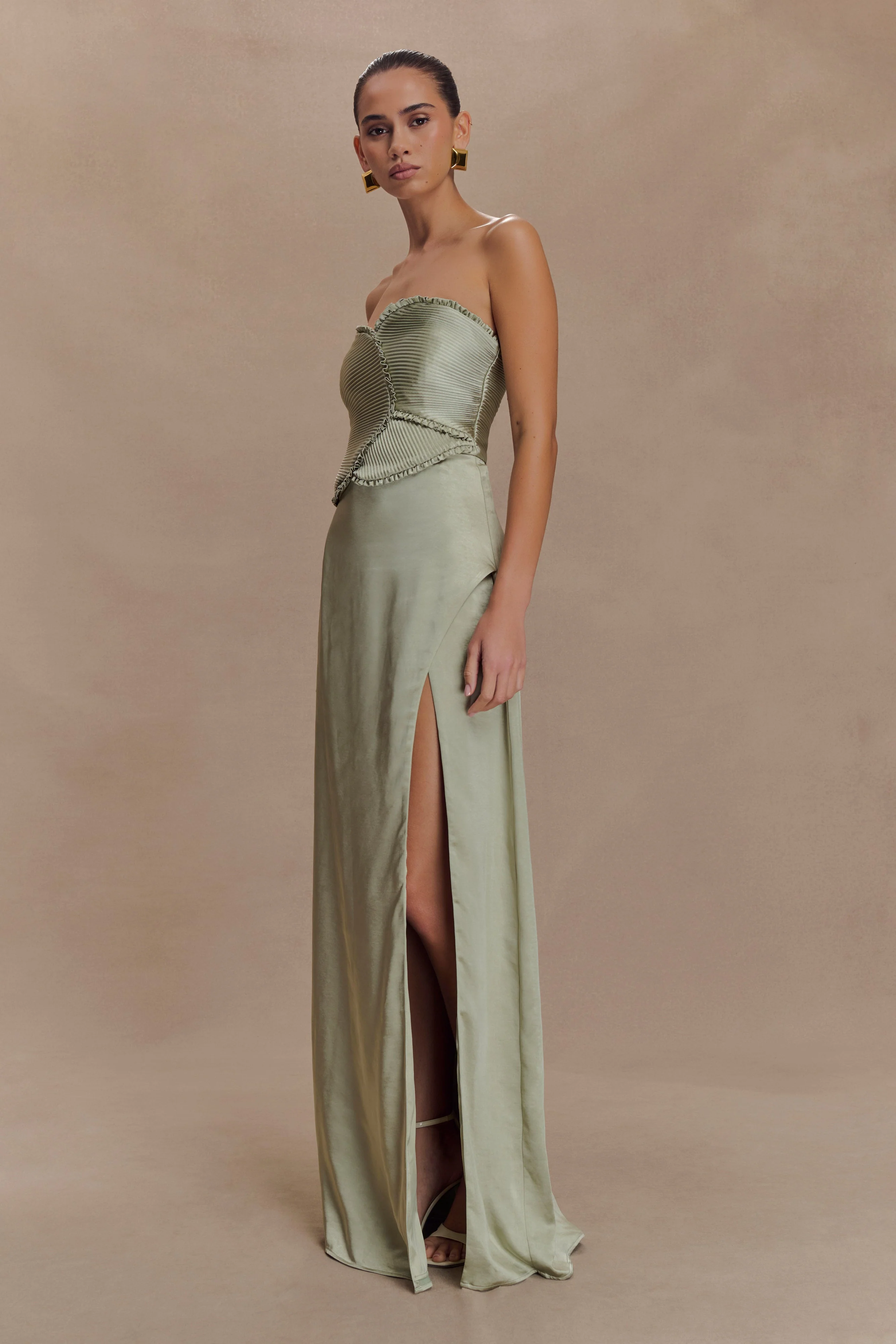 Larissa Satin Maxi Dress With Ruched Petals - Sage