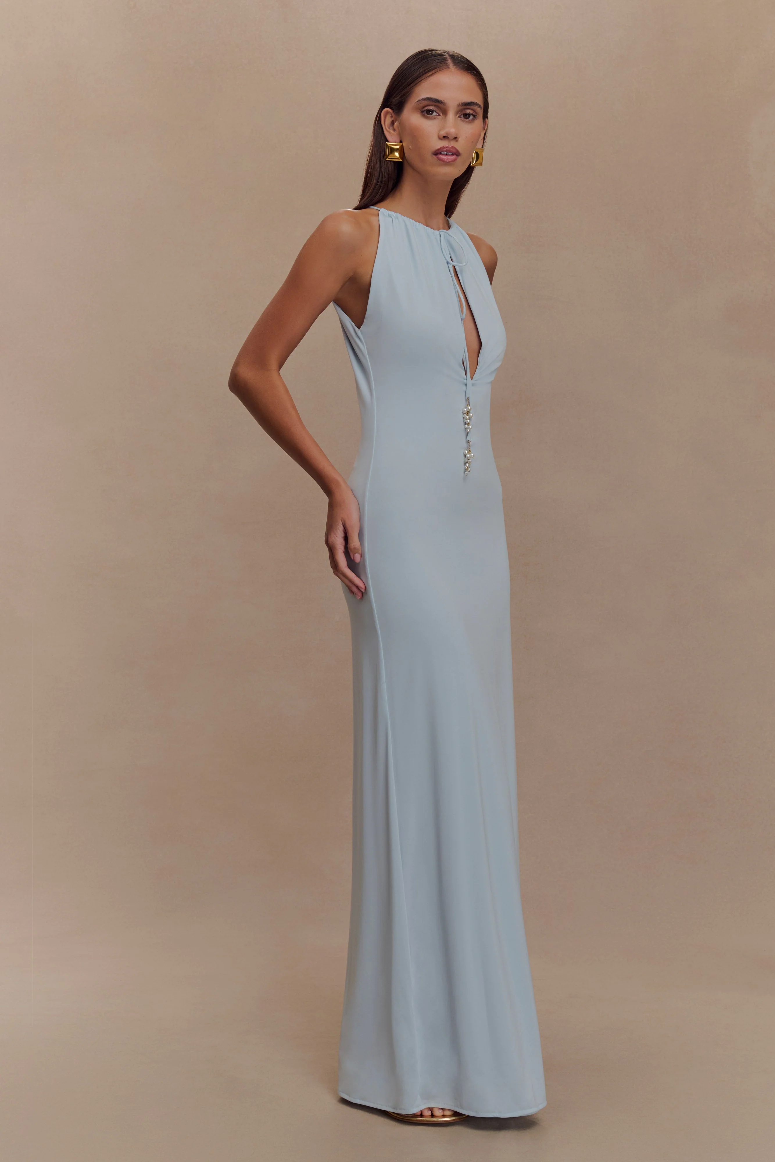 Beryl Slinky Maxi Dress With Pearls - Pale Blue