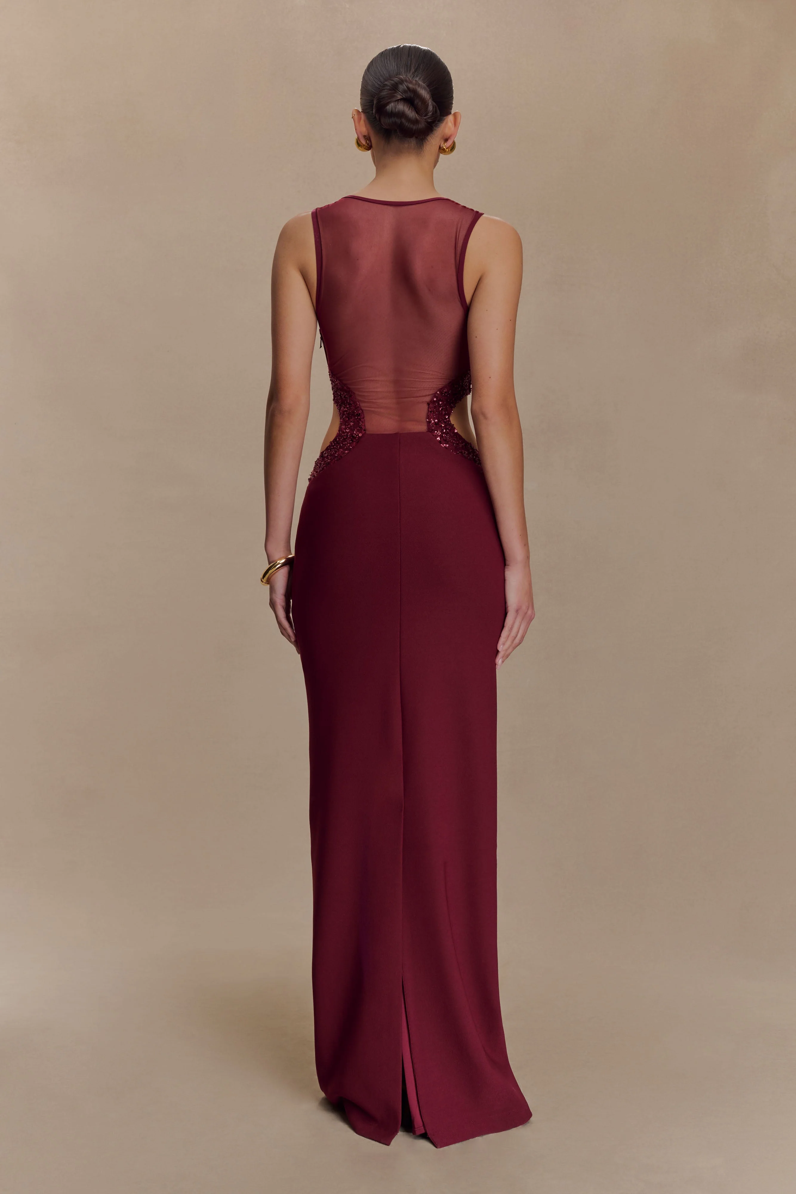 Angelique Beaded Crepe Maxi Dress - Wine