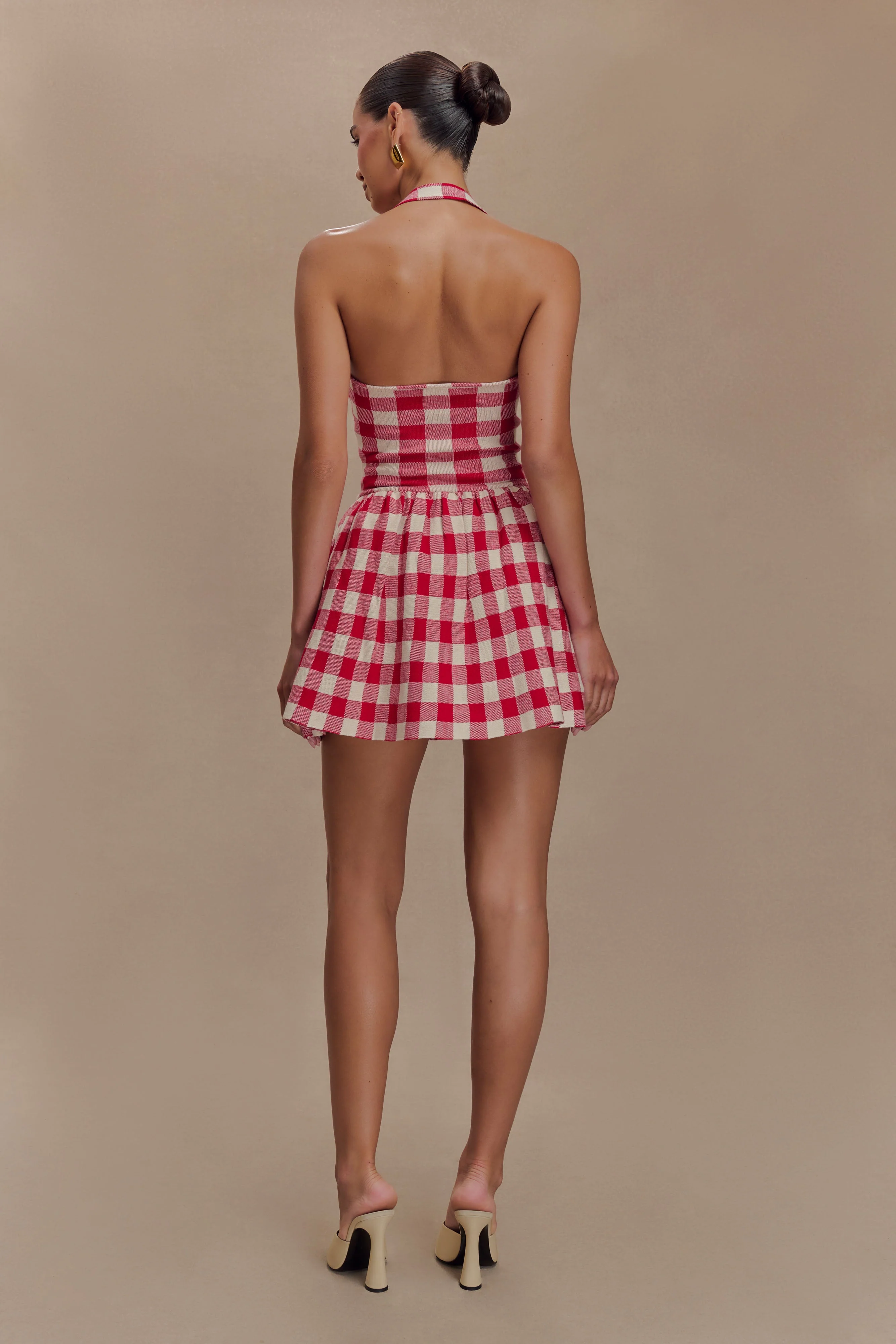 Lindsay Halter Knit Mini Dress - Red Gingham