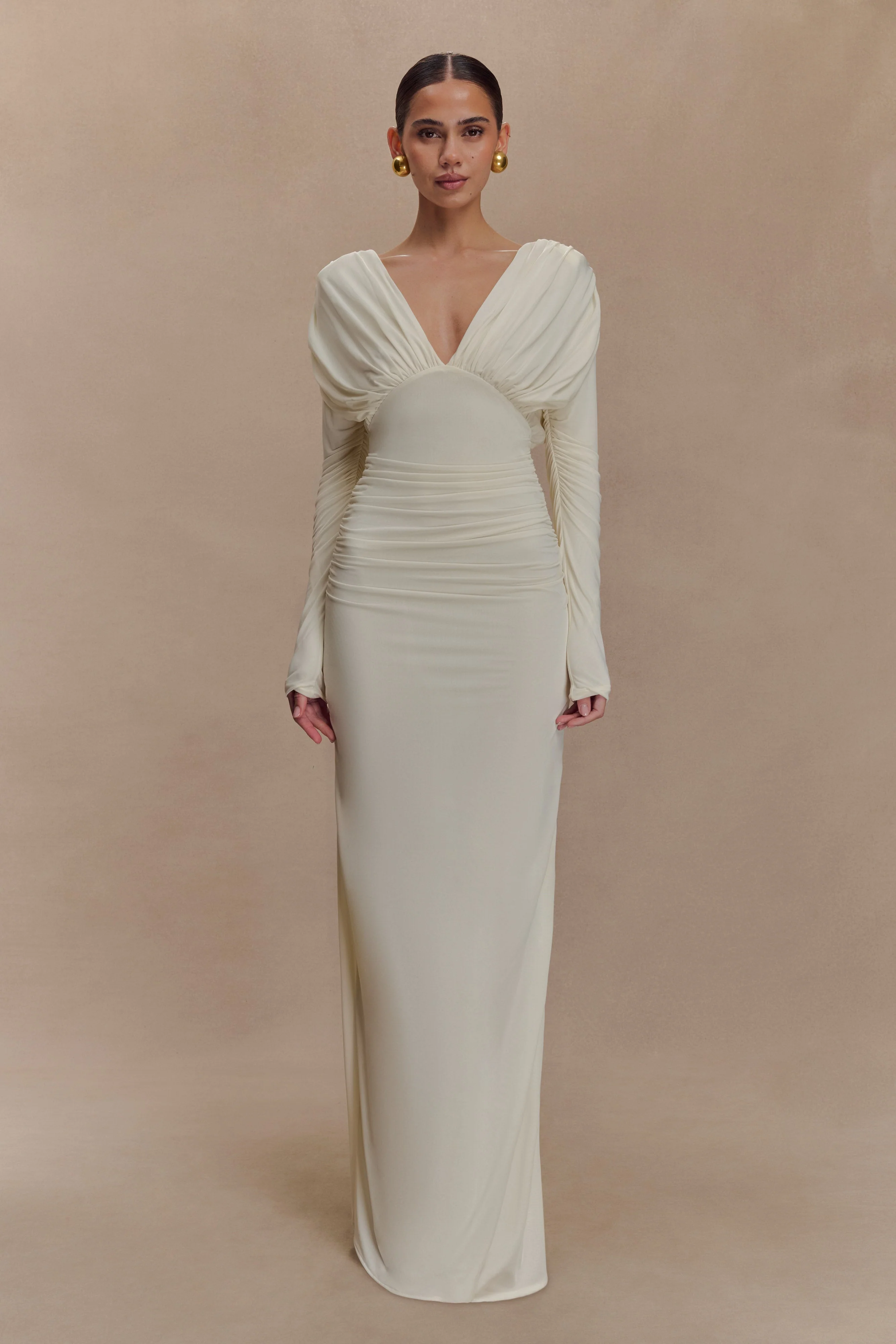 Hayden Long Sleeve Plunge Maxi Dress - Ivory
