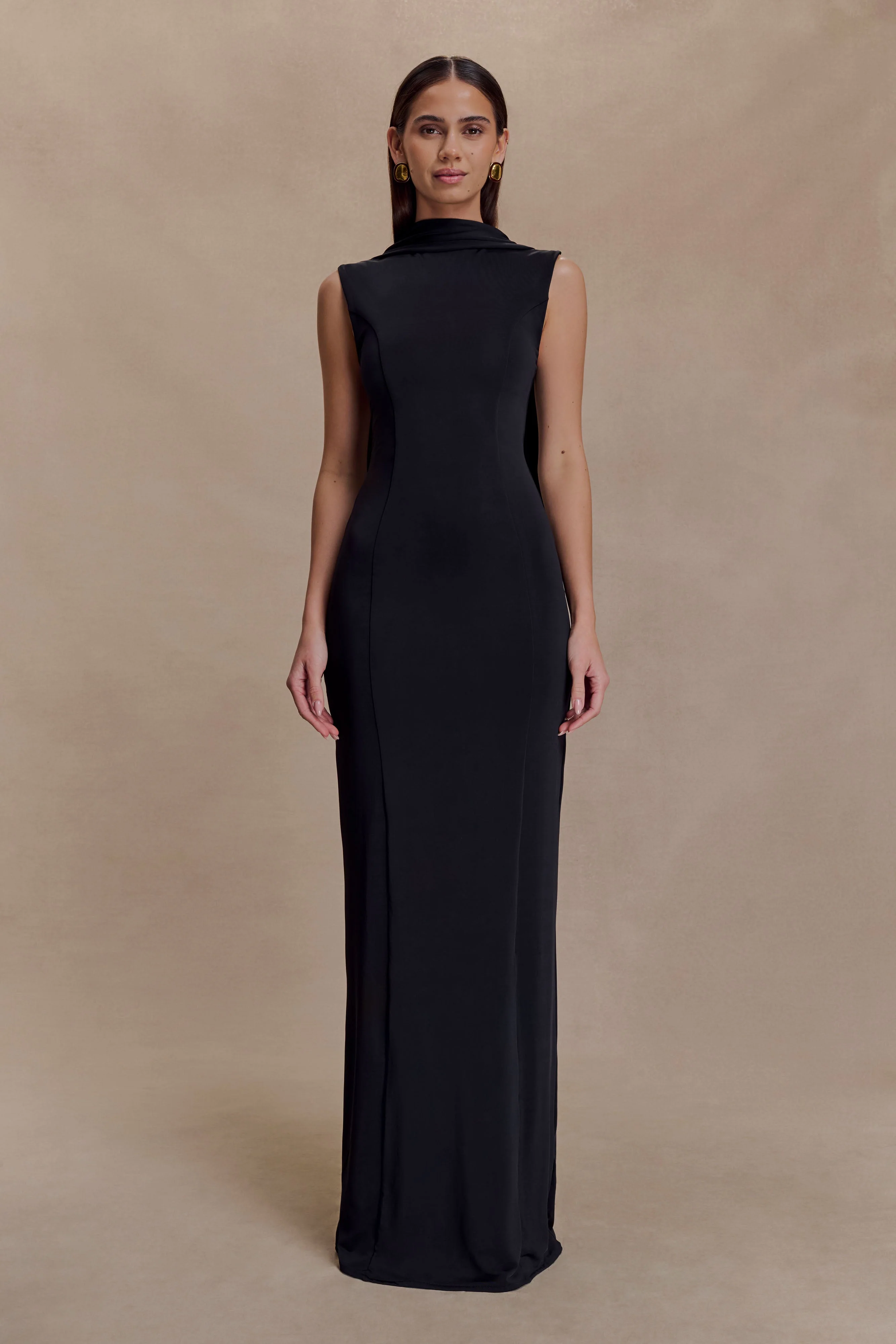 Wisteria Slinky Maxi Dress With Scarf - Black