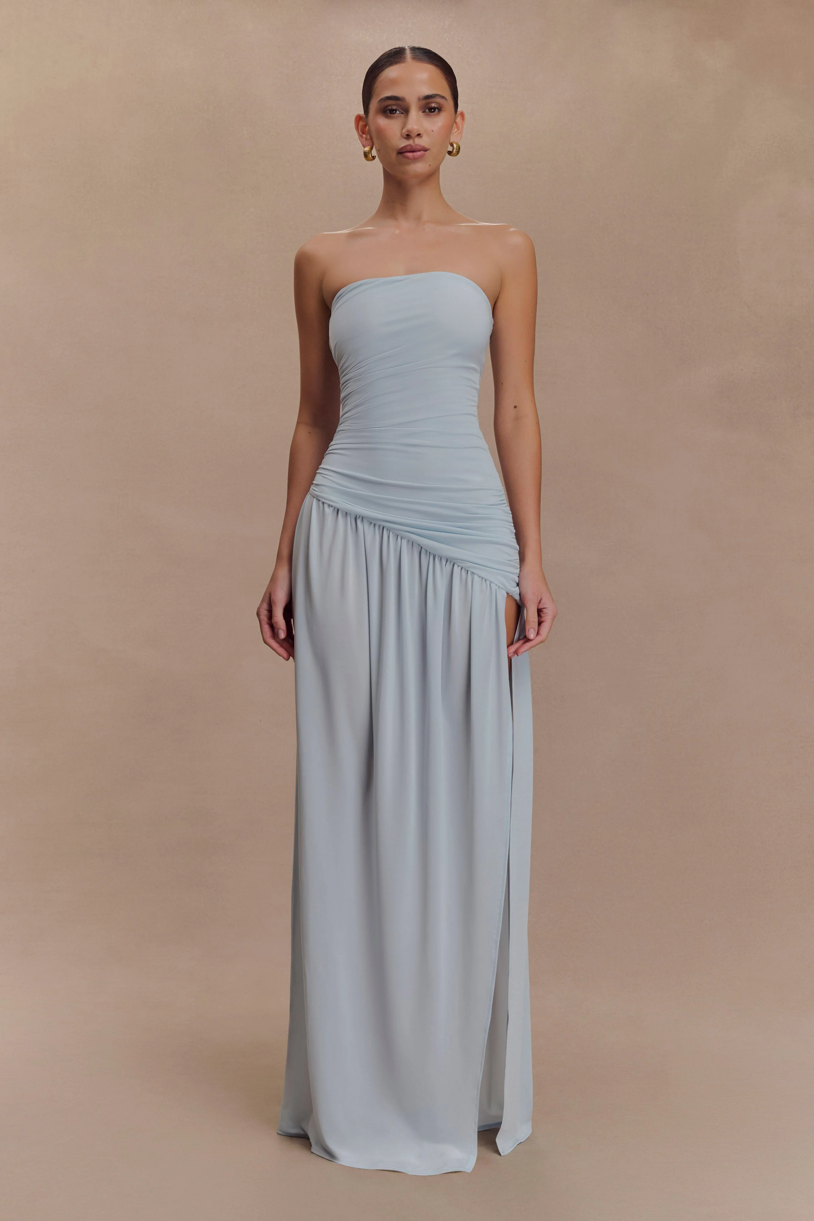 Bex Strapless Slinky Maxi Dress With Split - Pale Blue