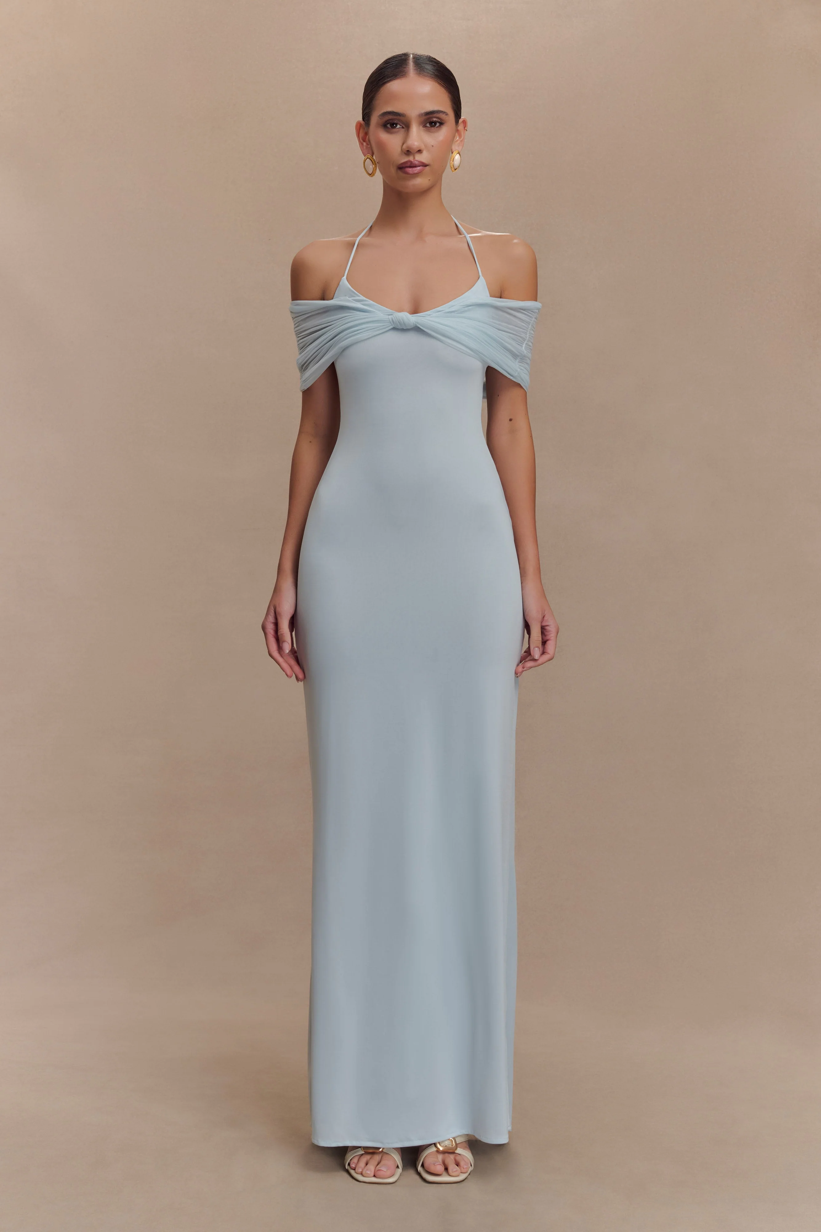 Bernadina Mesh And Slinky Halter Maxi Dress - Pale Blue