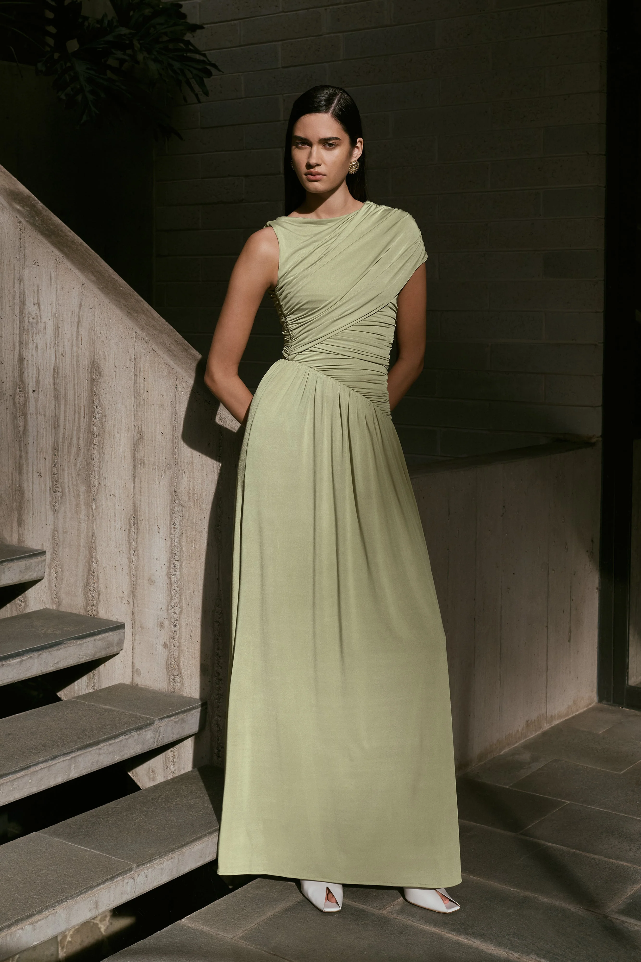 Ayeshya Slinky Asymmetric Maxi Dress - Sage