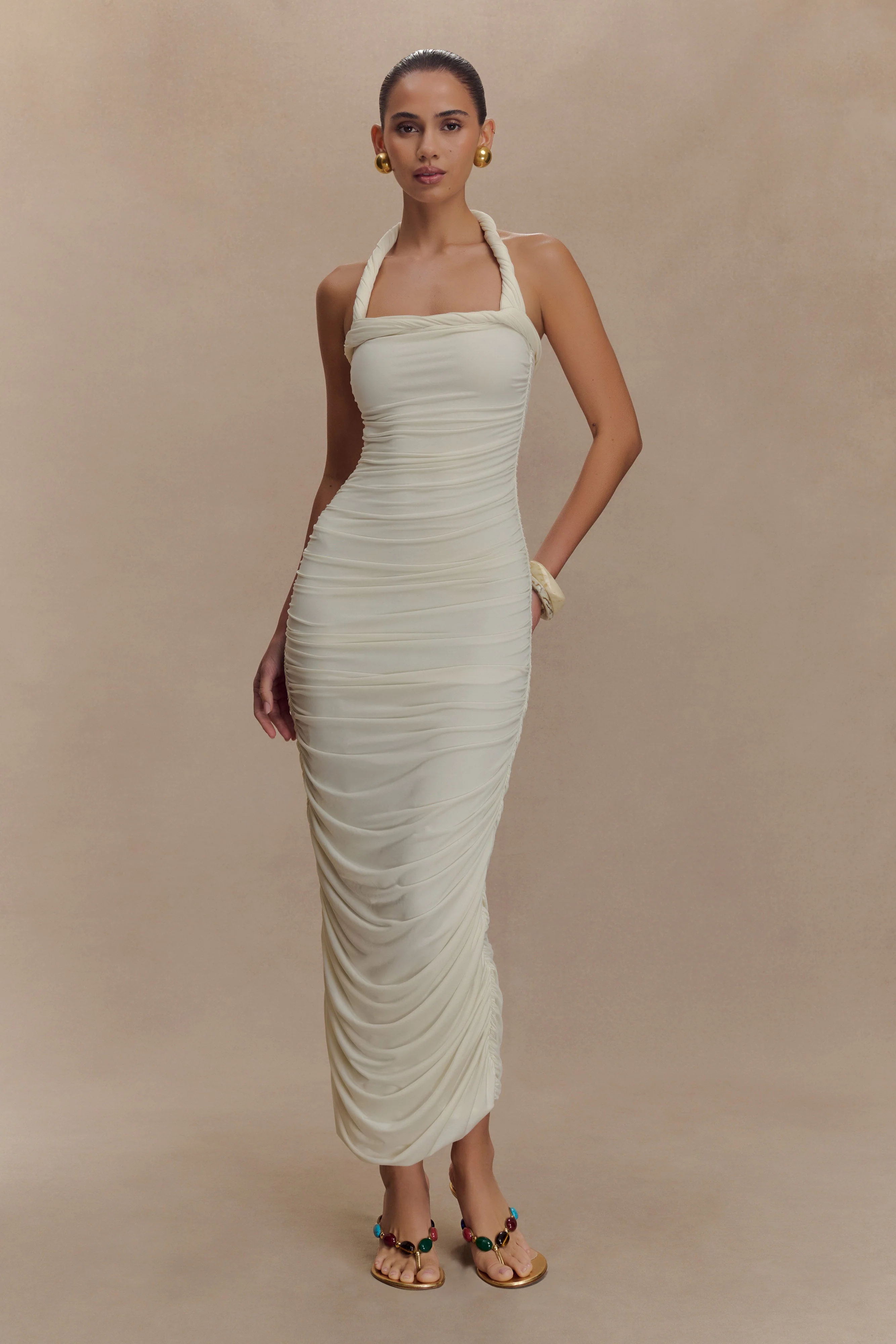 Camila Ruched Halter Midi Dress - Ivory
