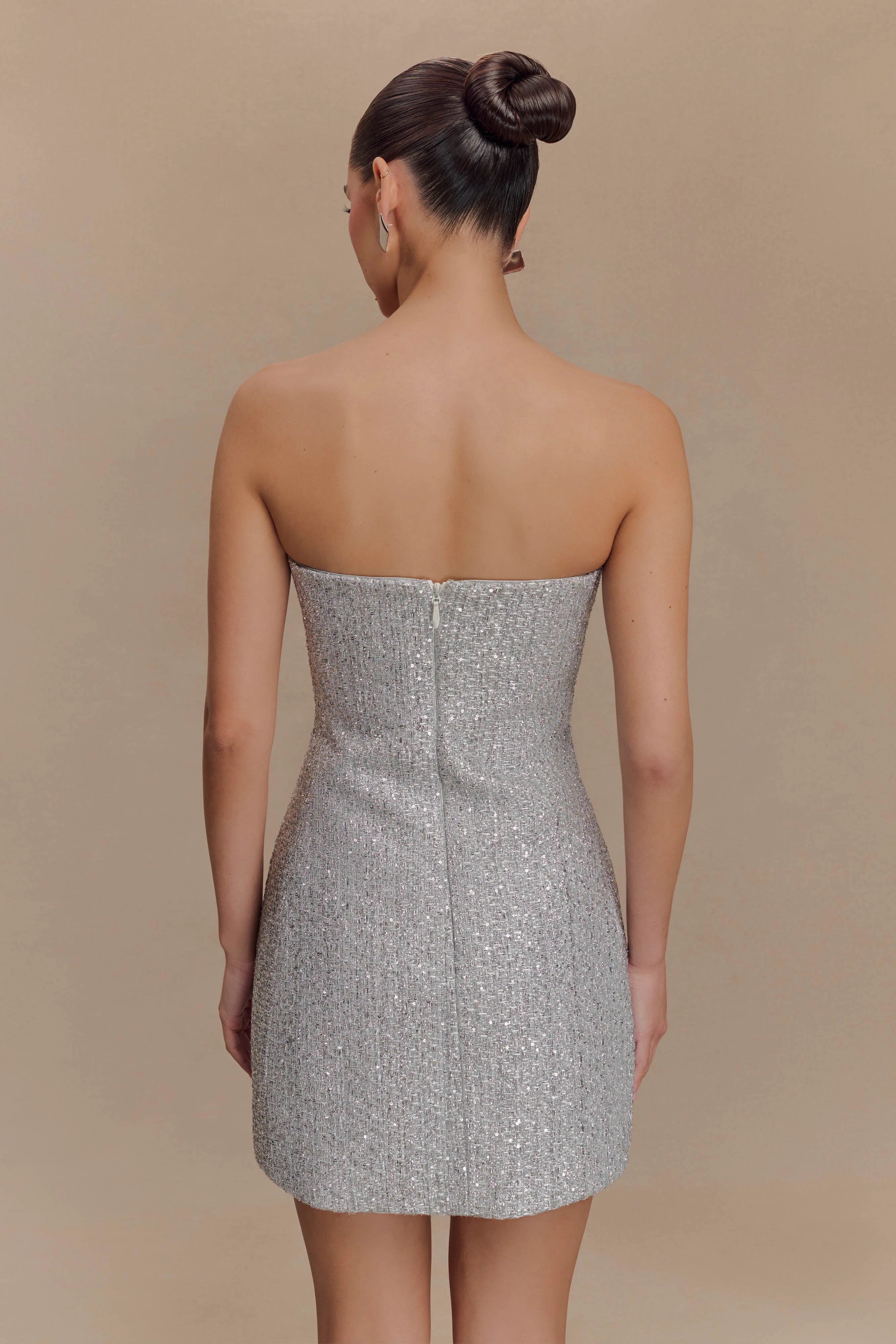 Gala Strapless Tweed Mini Dress - Silver