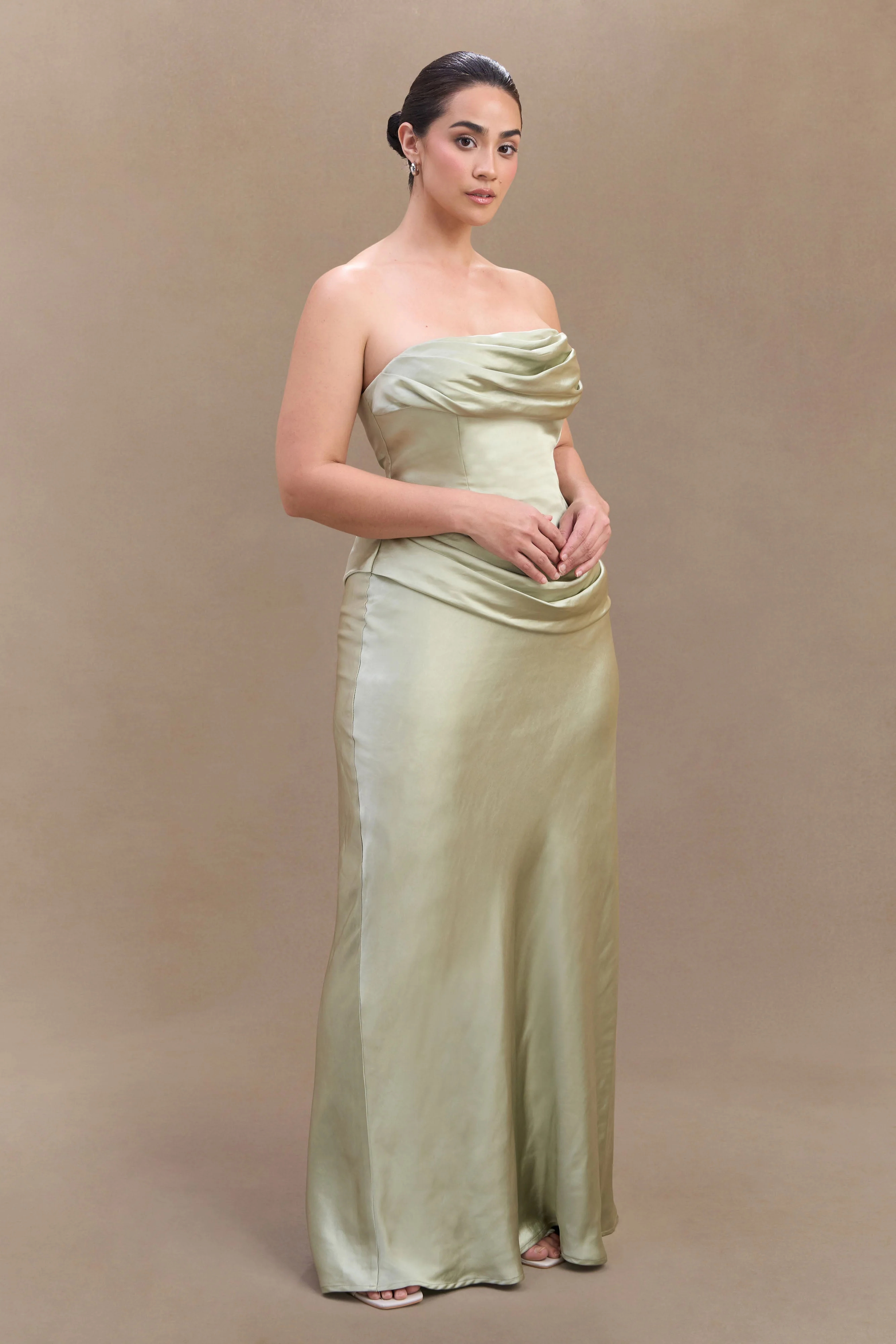 Jasmine Strapless Satin Maxi Dress - Sage