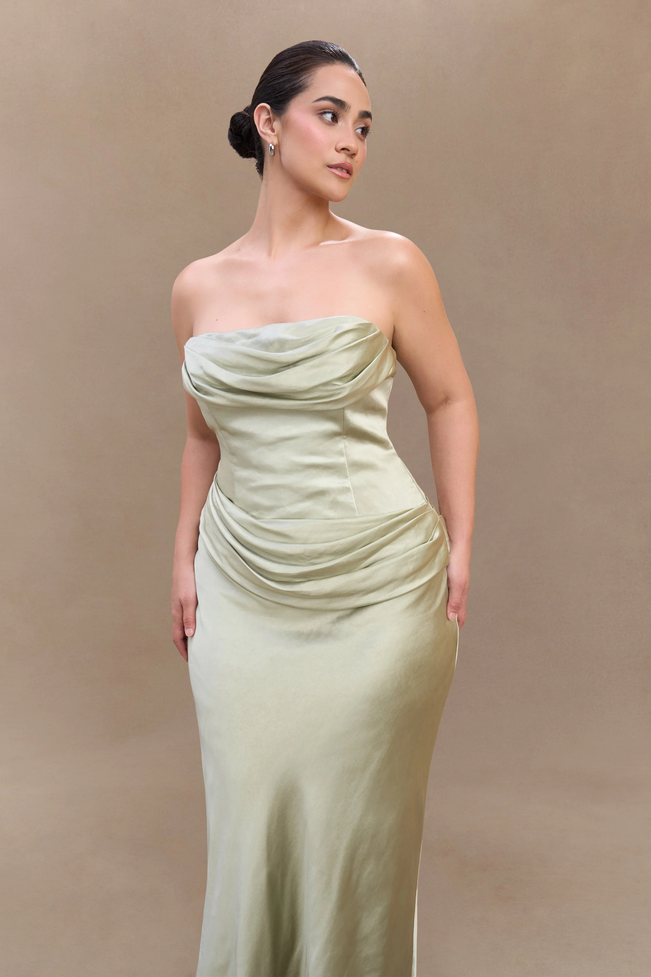 Jasmine Strapless Satin Maxi Dress - Sage
