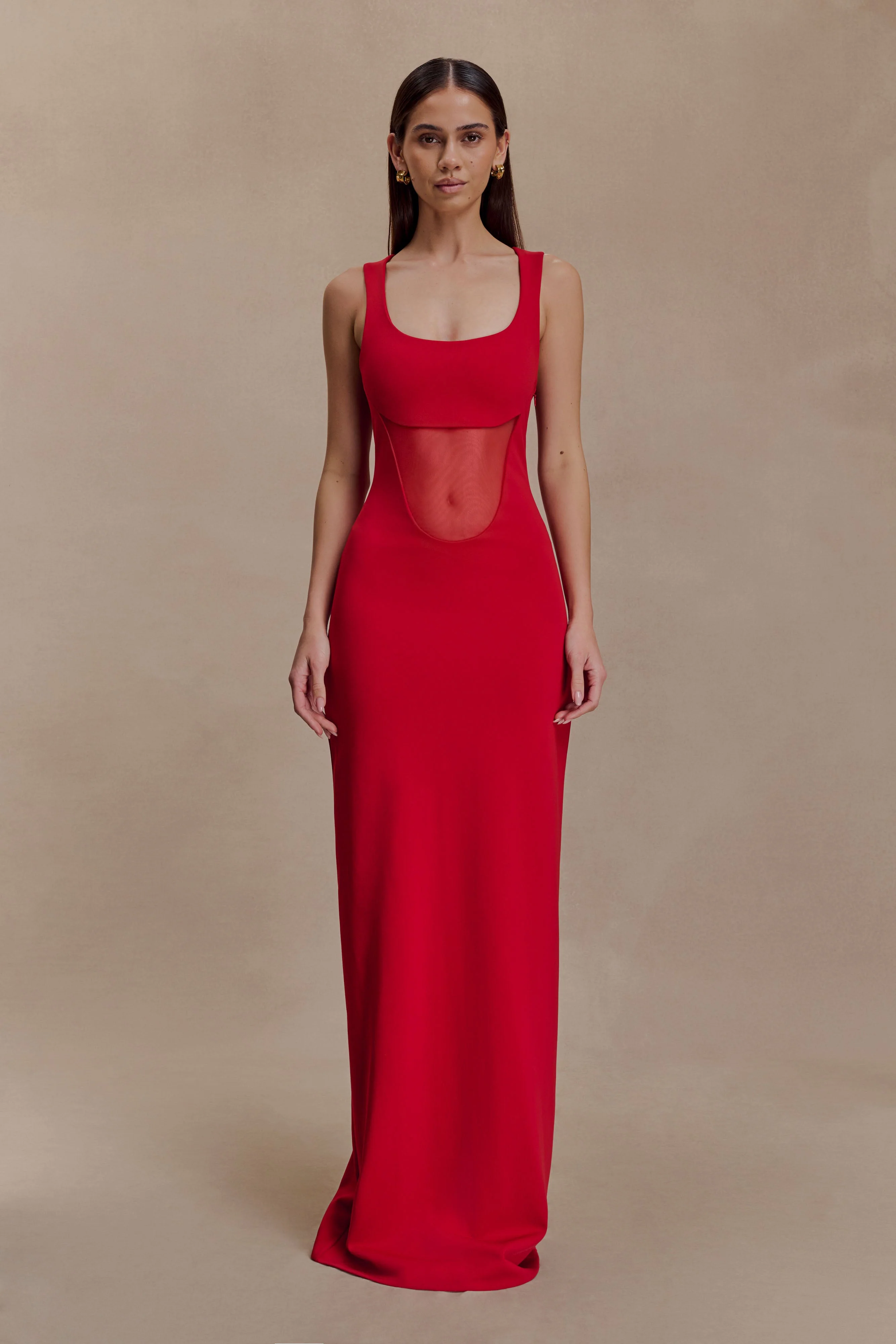 Marlon Crepe And Mesh Maxi Dress - Cherry Red