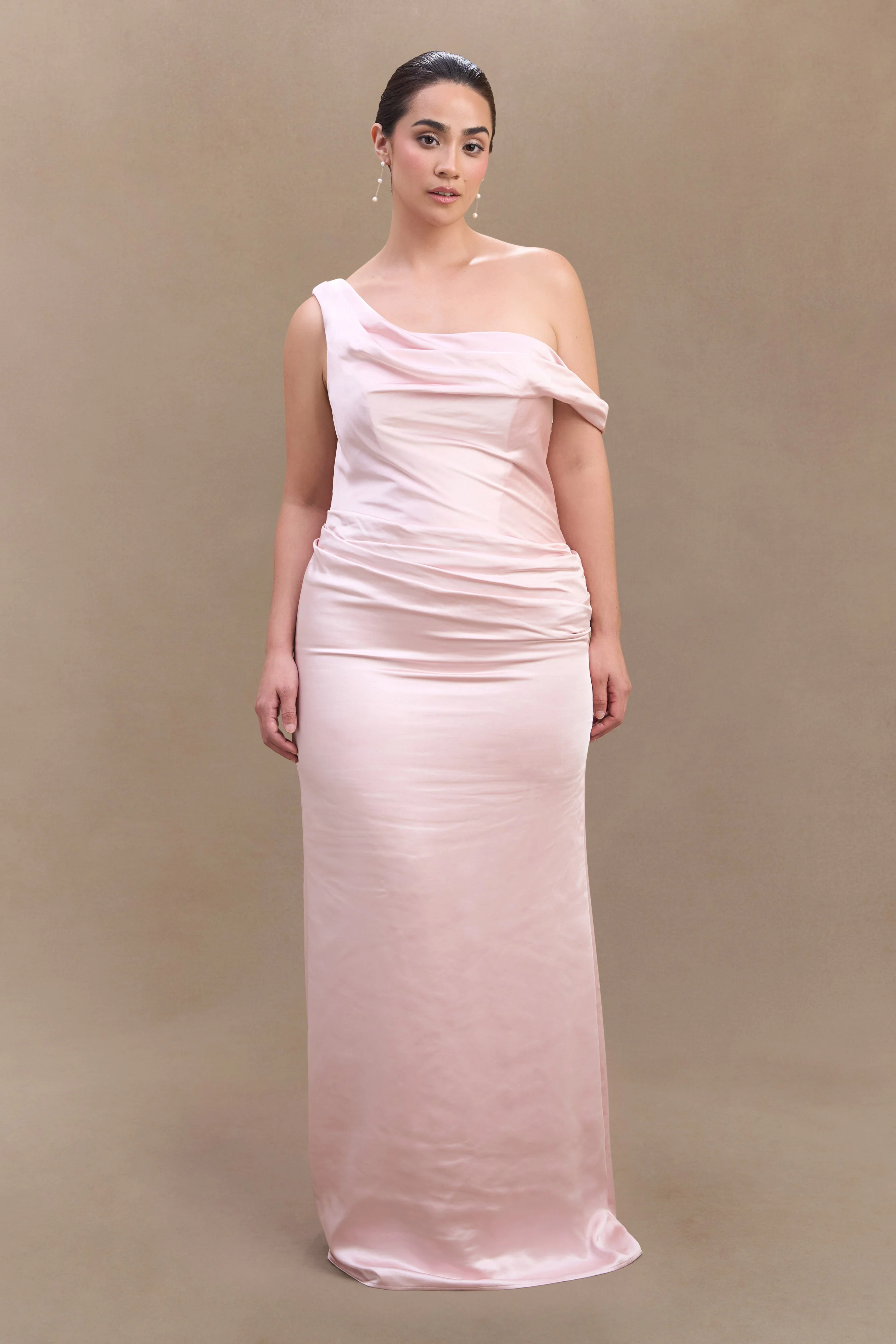 Dalia Off Shoulder Satin Maxi Dress - Soft Pink