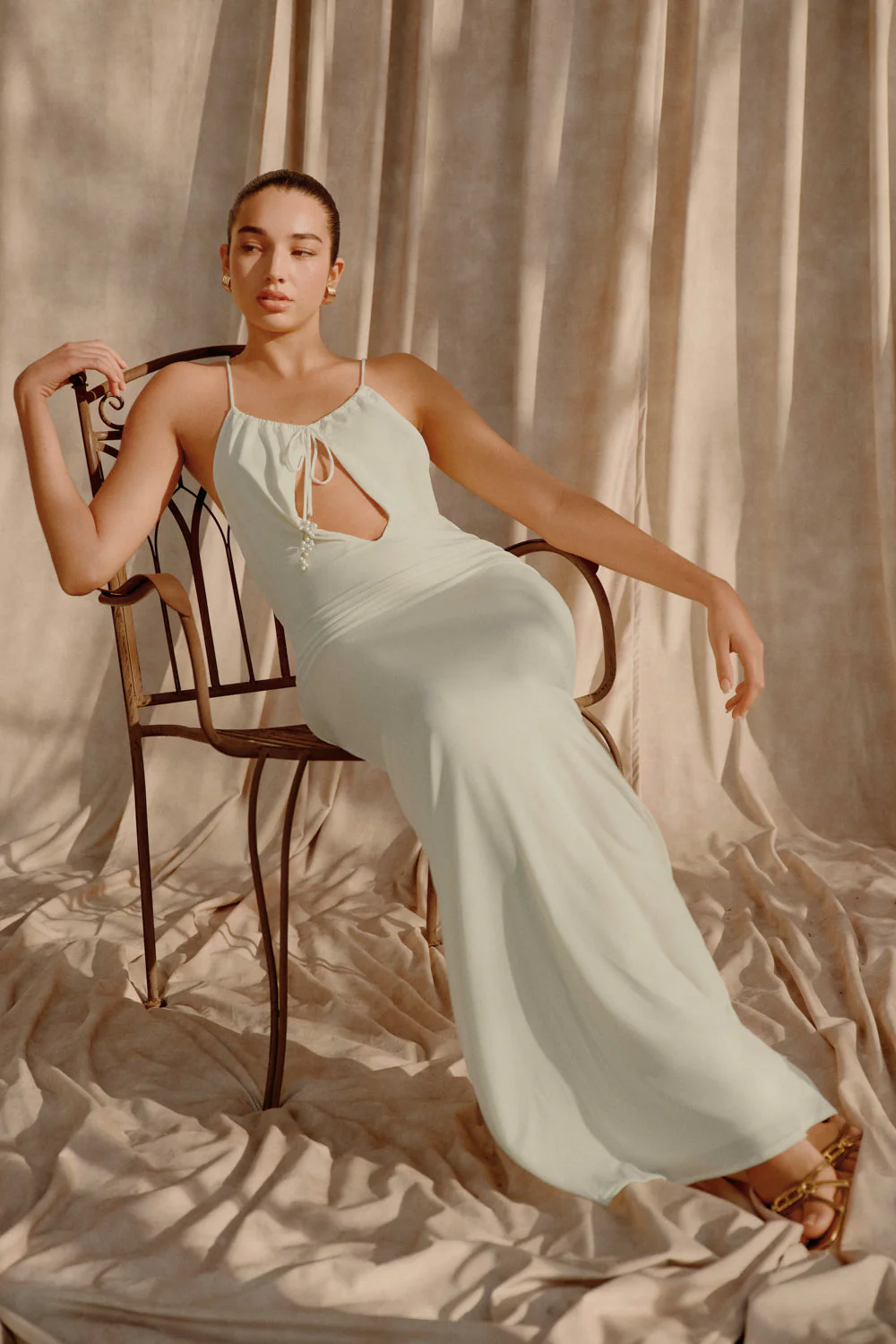 Beryl Slinky Maxi Dress With Pearls - Ivory