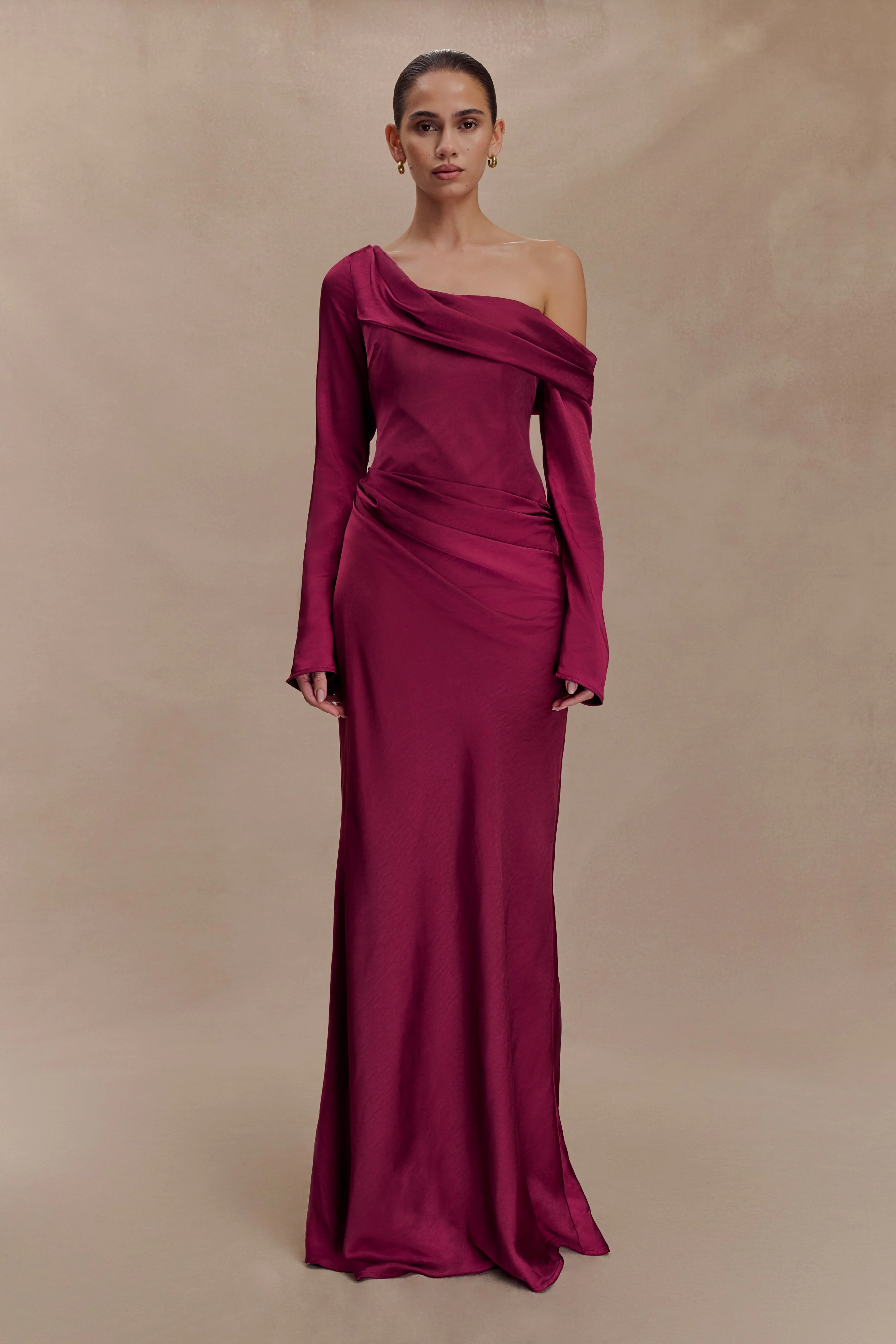 Iris Long Sleeve Satin Maxi Dress - Mahogany