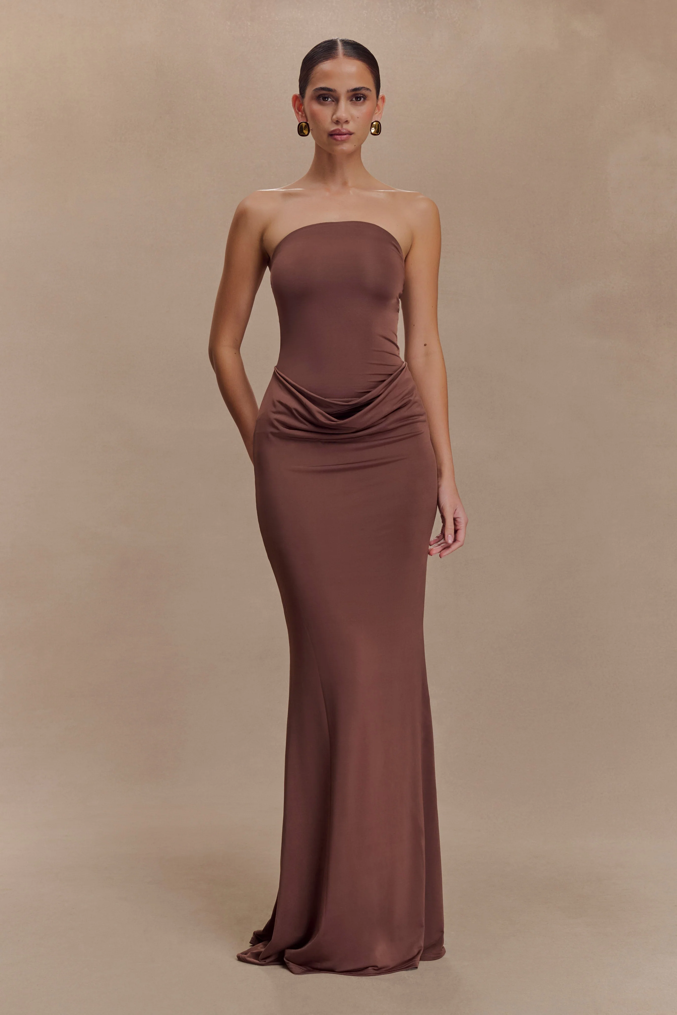 Madison Strapless Slinky Maxi Dress - Chocolate