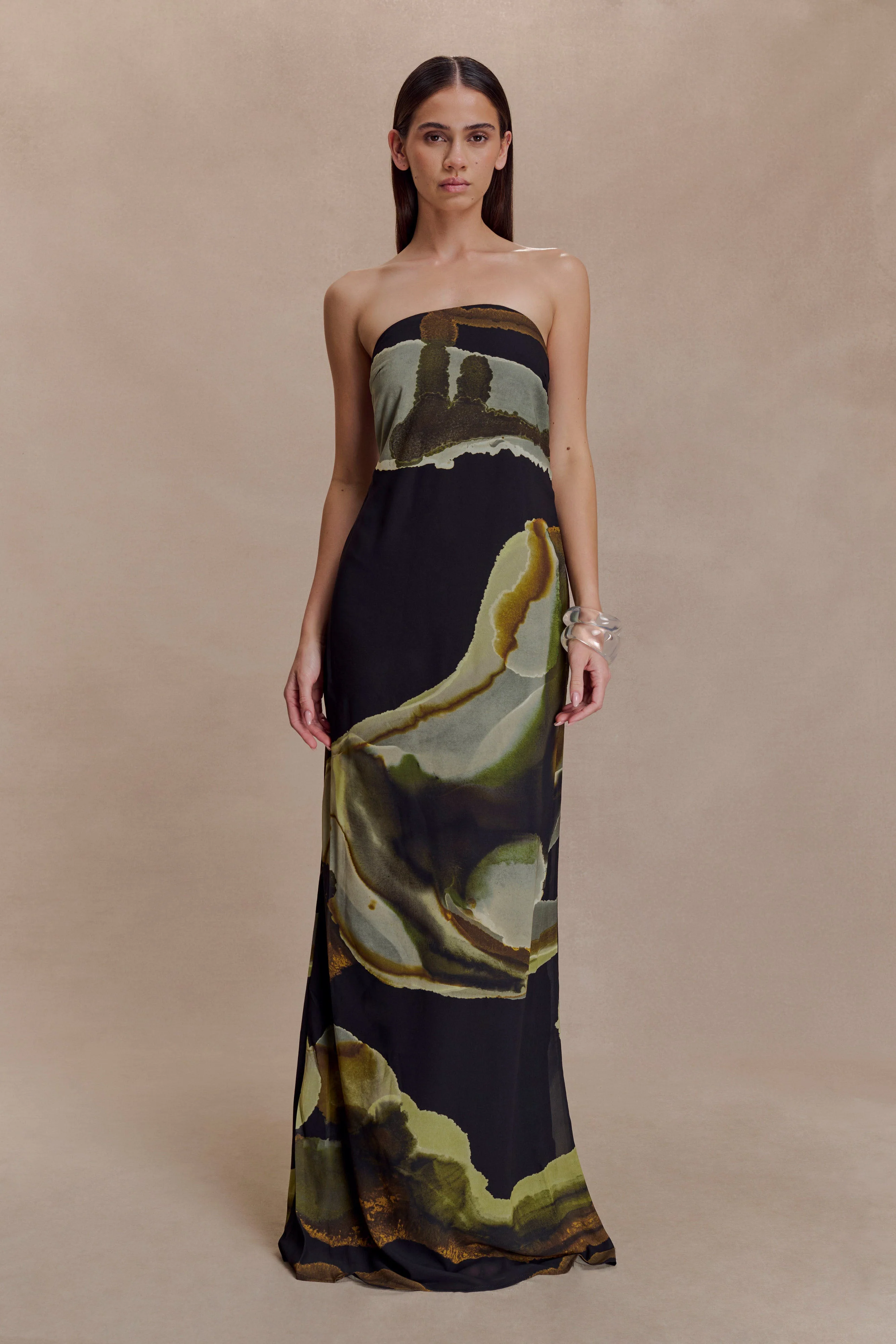 Amaya Strapless Chiffon Maxi Dress - Green Fluid Reverie Print