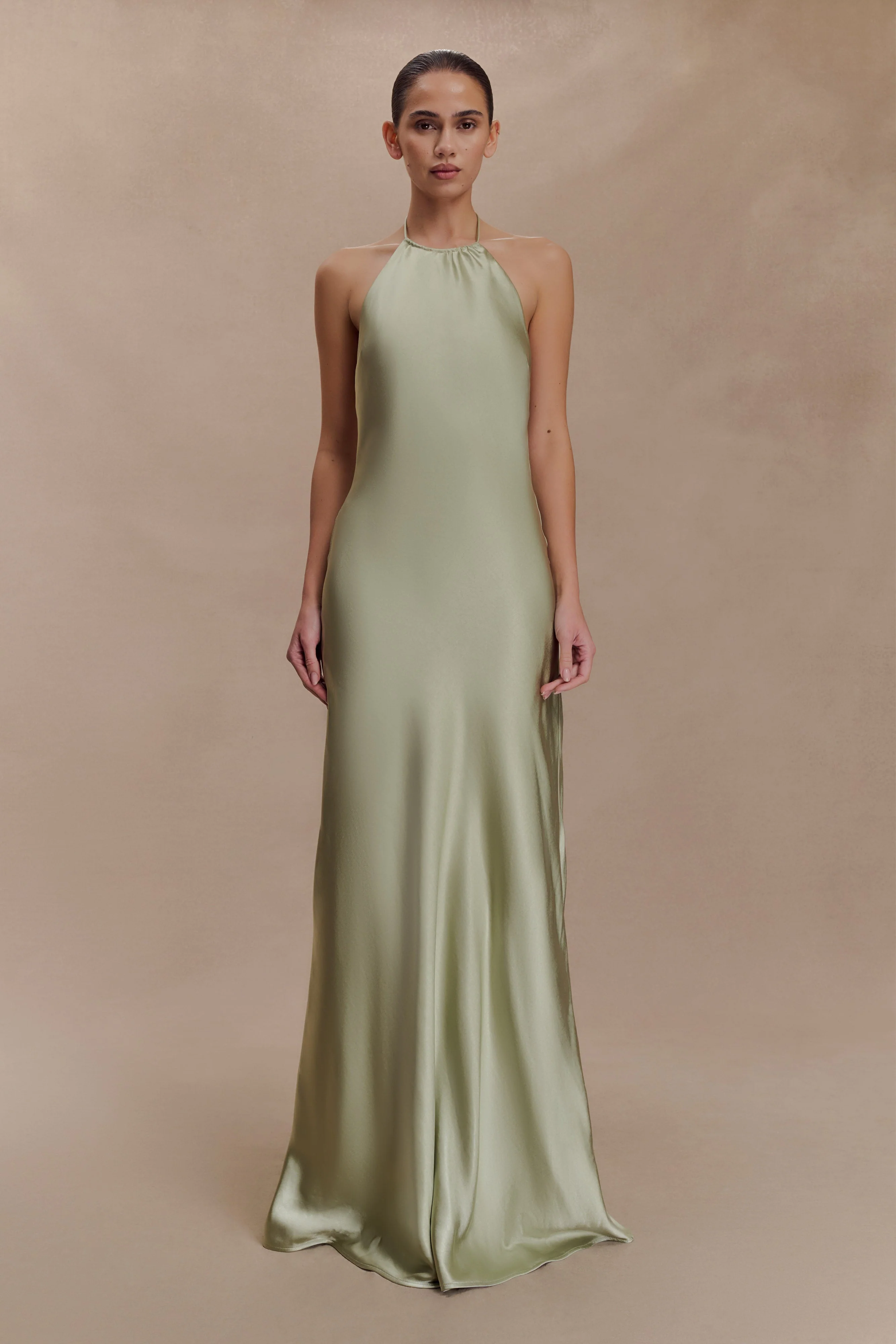 Bella Satin Halter Maxi Dress - Sage