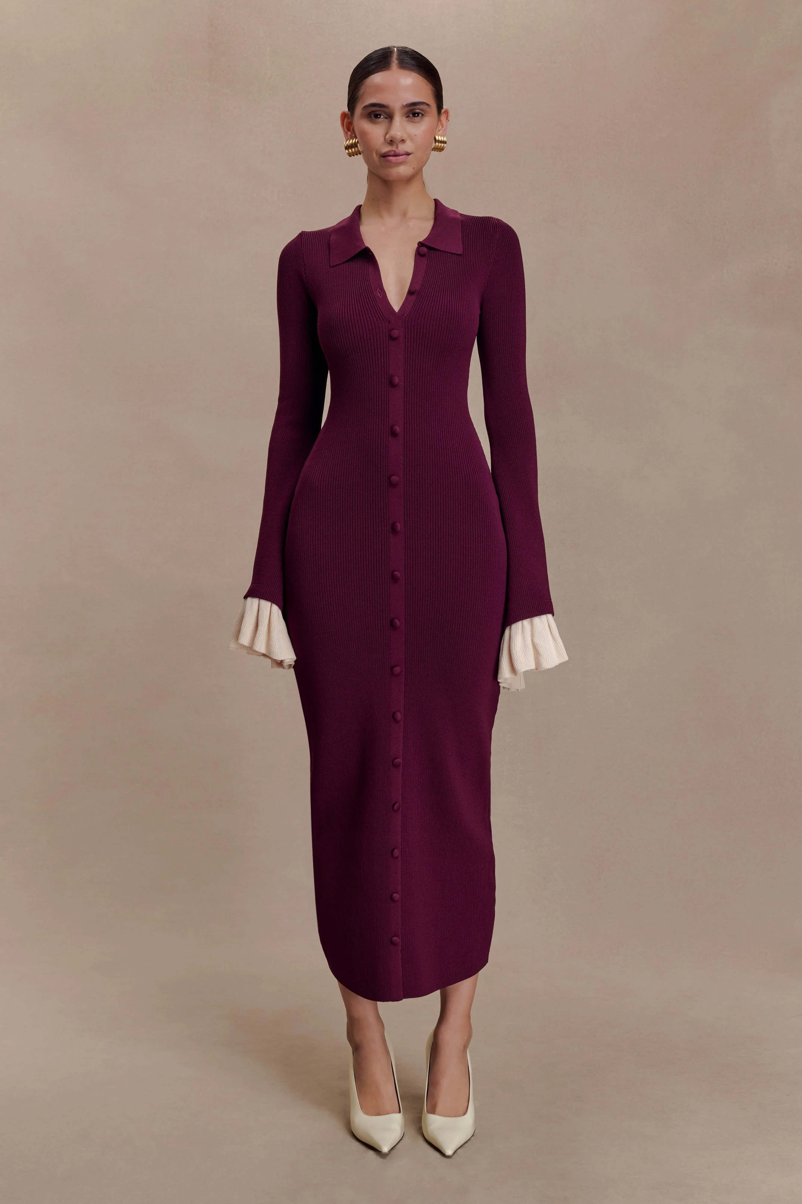 Amirose Ruffle Knit Midi Dress - Plum