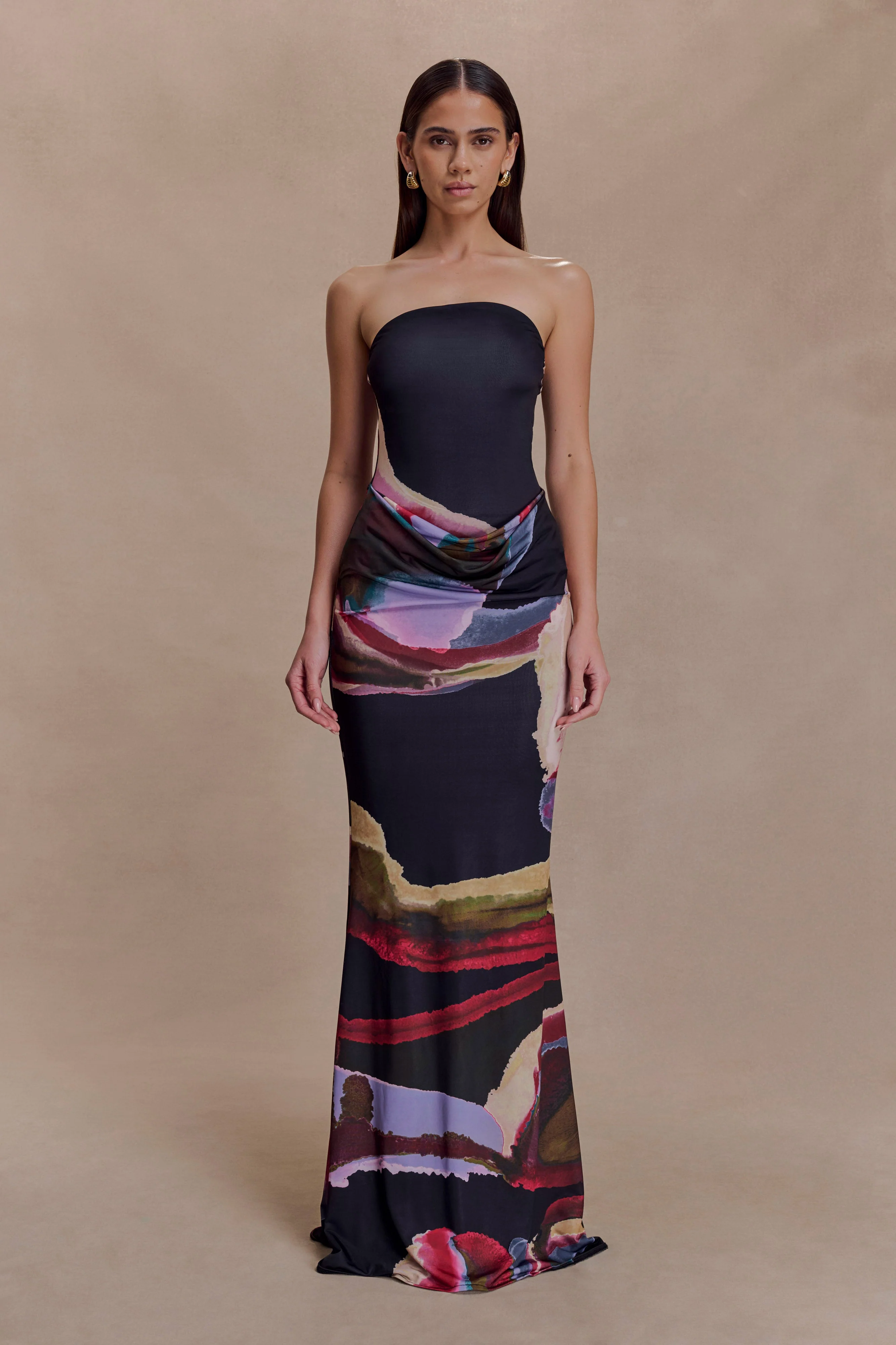 Madison Strapless Slinky Maxi Dress - Multi Fluid Reverie Print