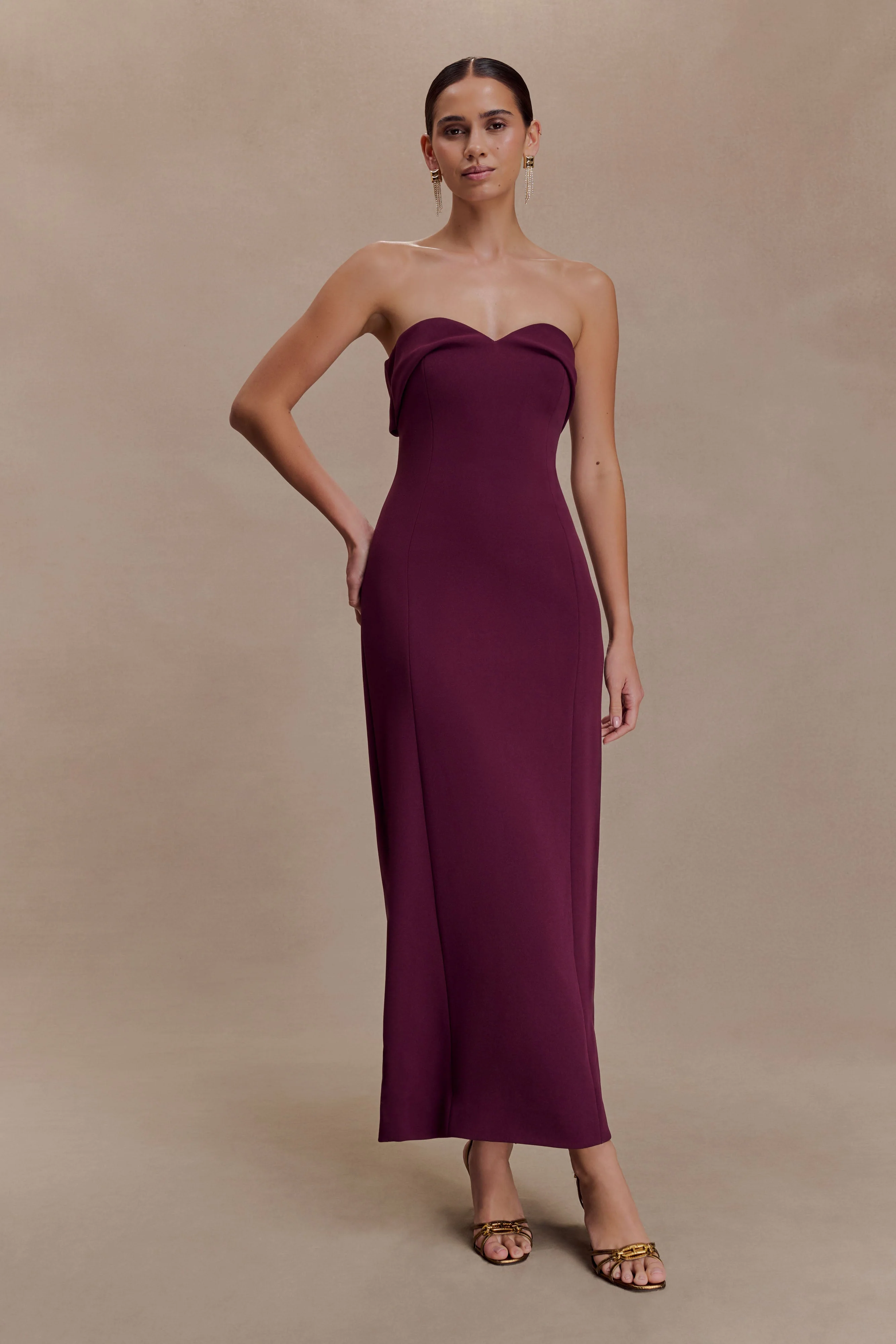 Cary Folded Strapless Crepe Midi Dress - Wine