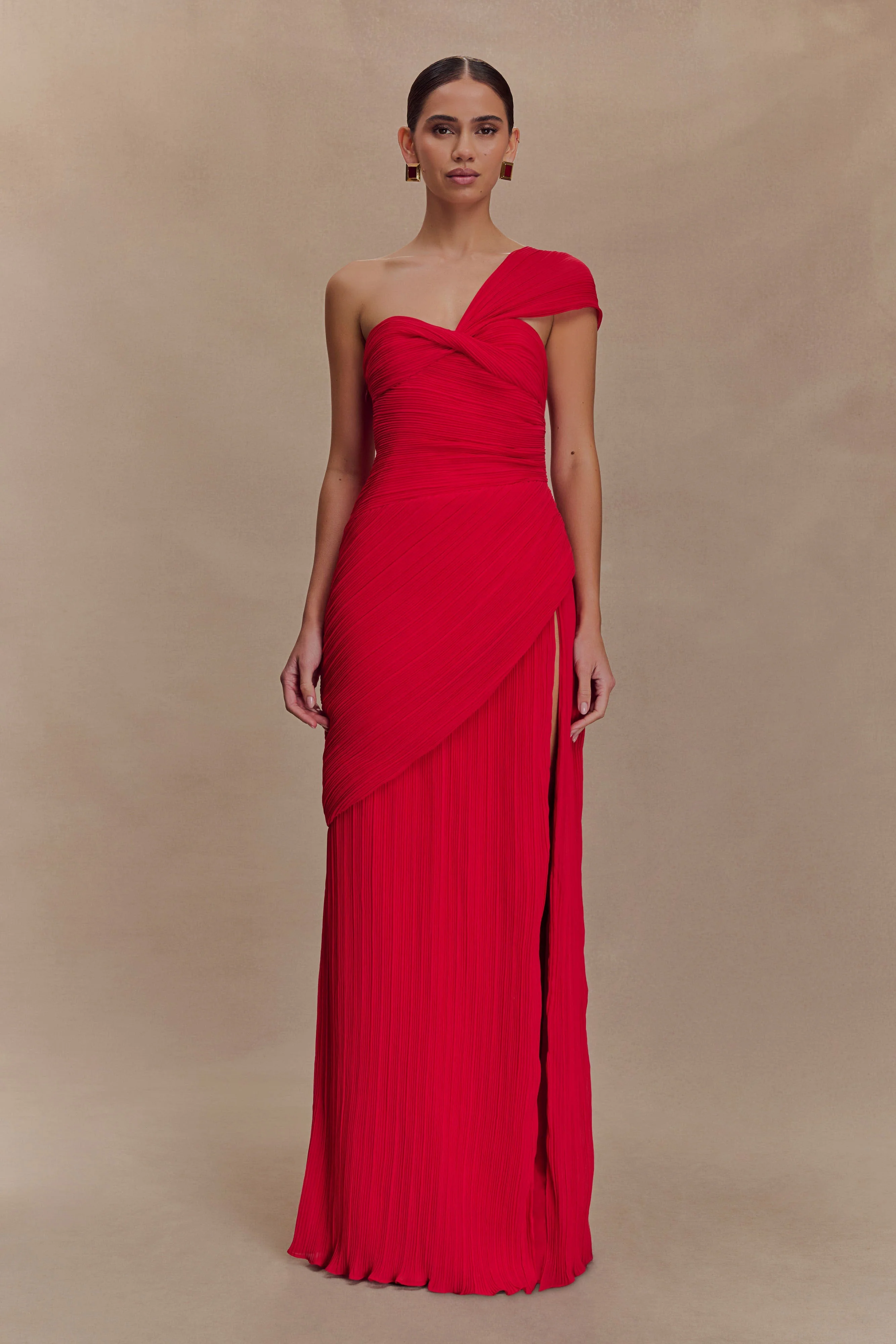 Tamara Shirred Chiffon Midi Dress - Red