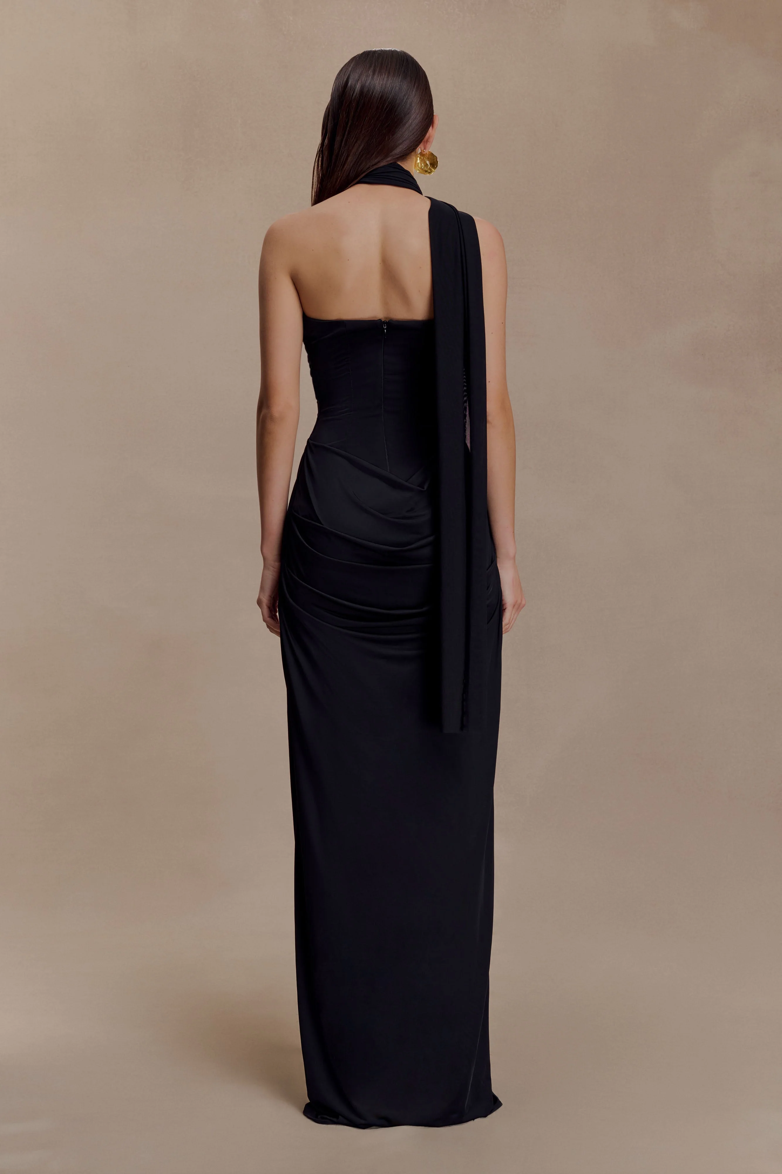 Mattea Slinky And Mesh Maxi Dress With Scarf - Black