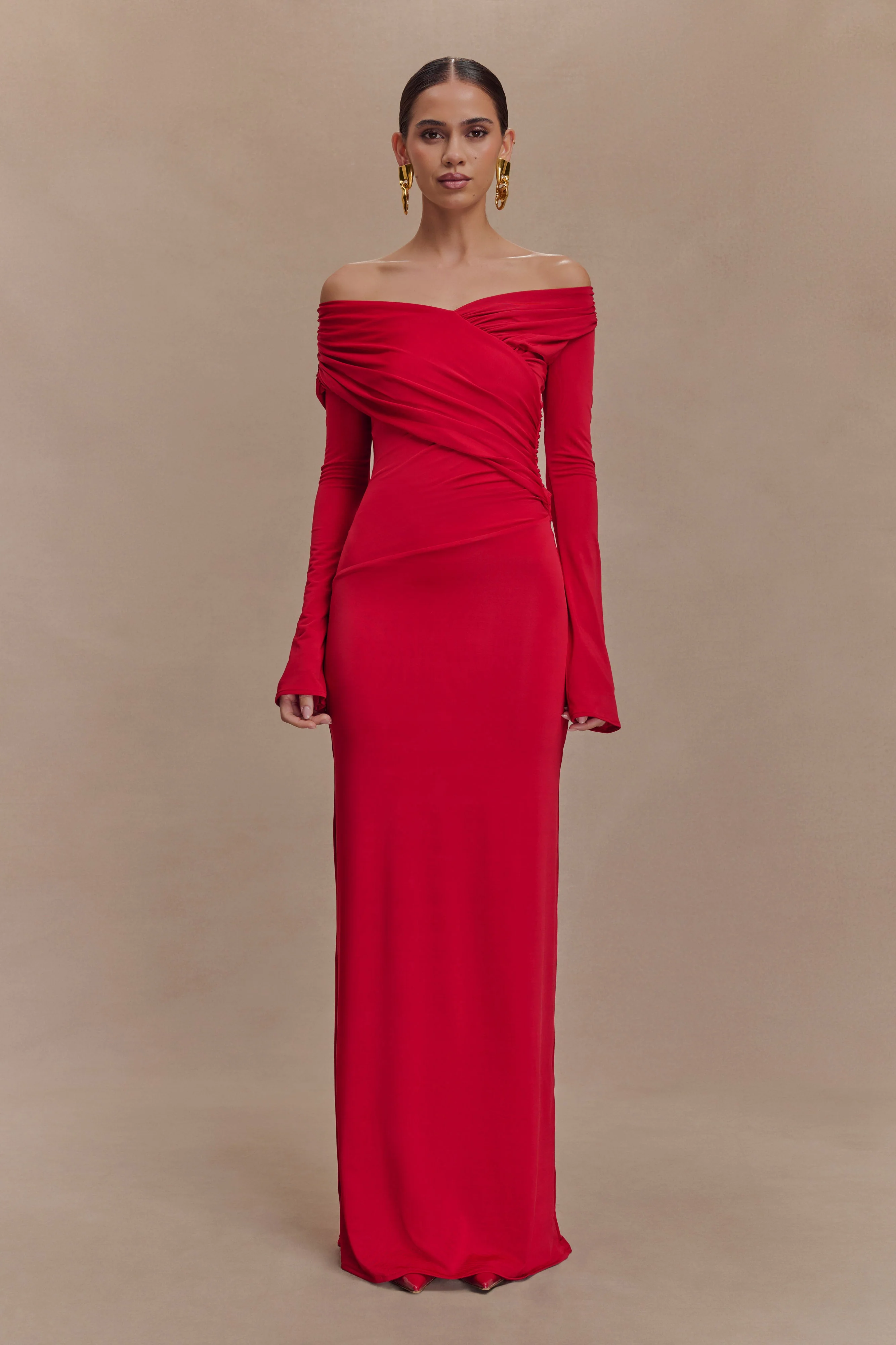Therese Off Shoulder Ruched Maxi Dress - Red
