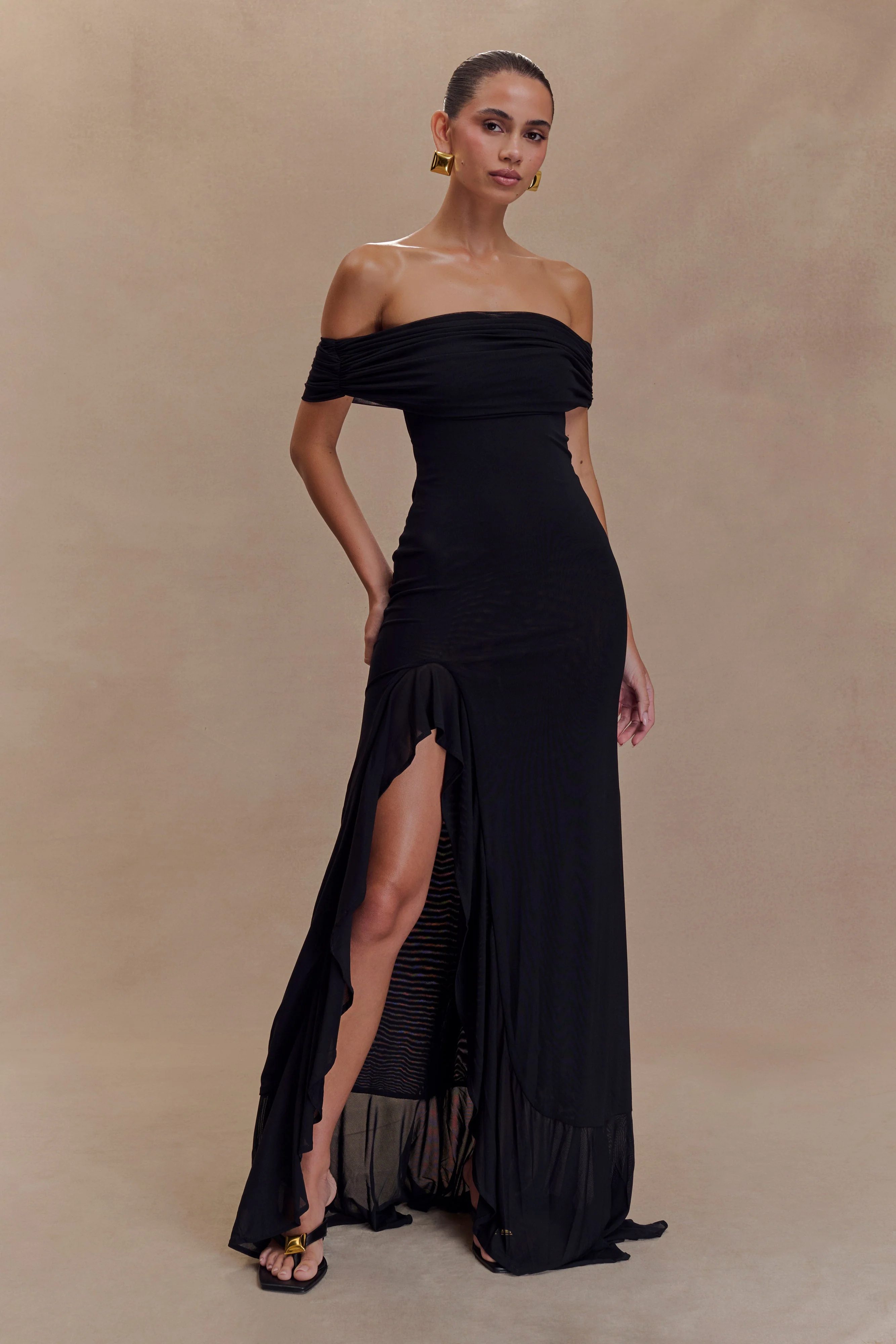 Audrey Off Shoulder Mesh Maxi Dress - Black