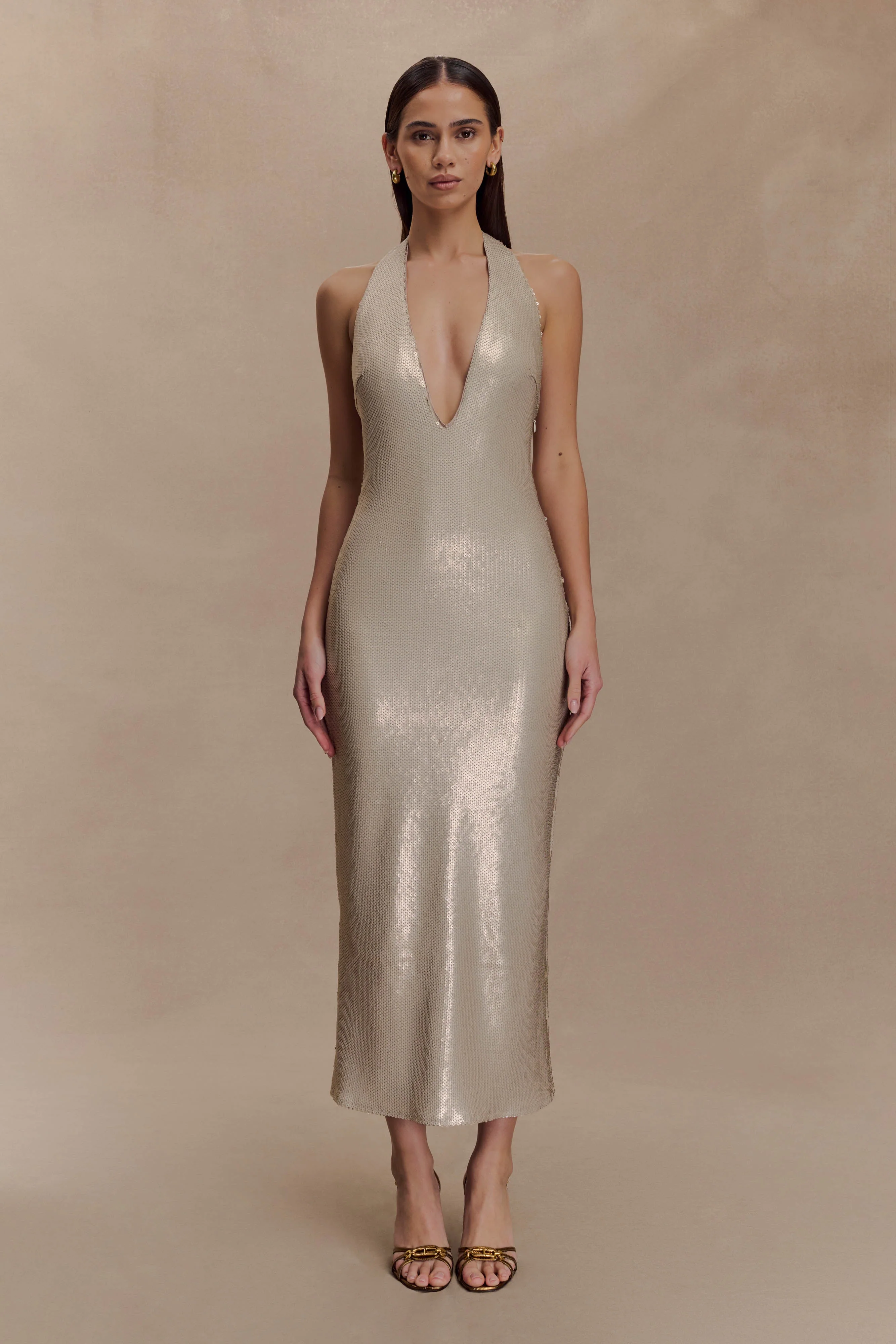 Carnation Sequin Halter Midi Dress - Gold