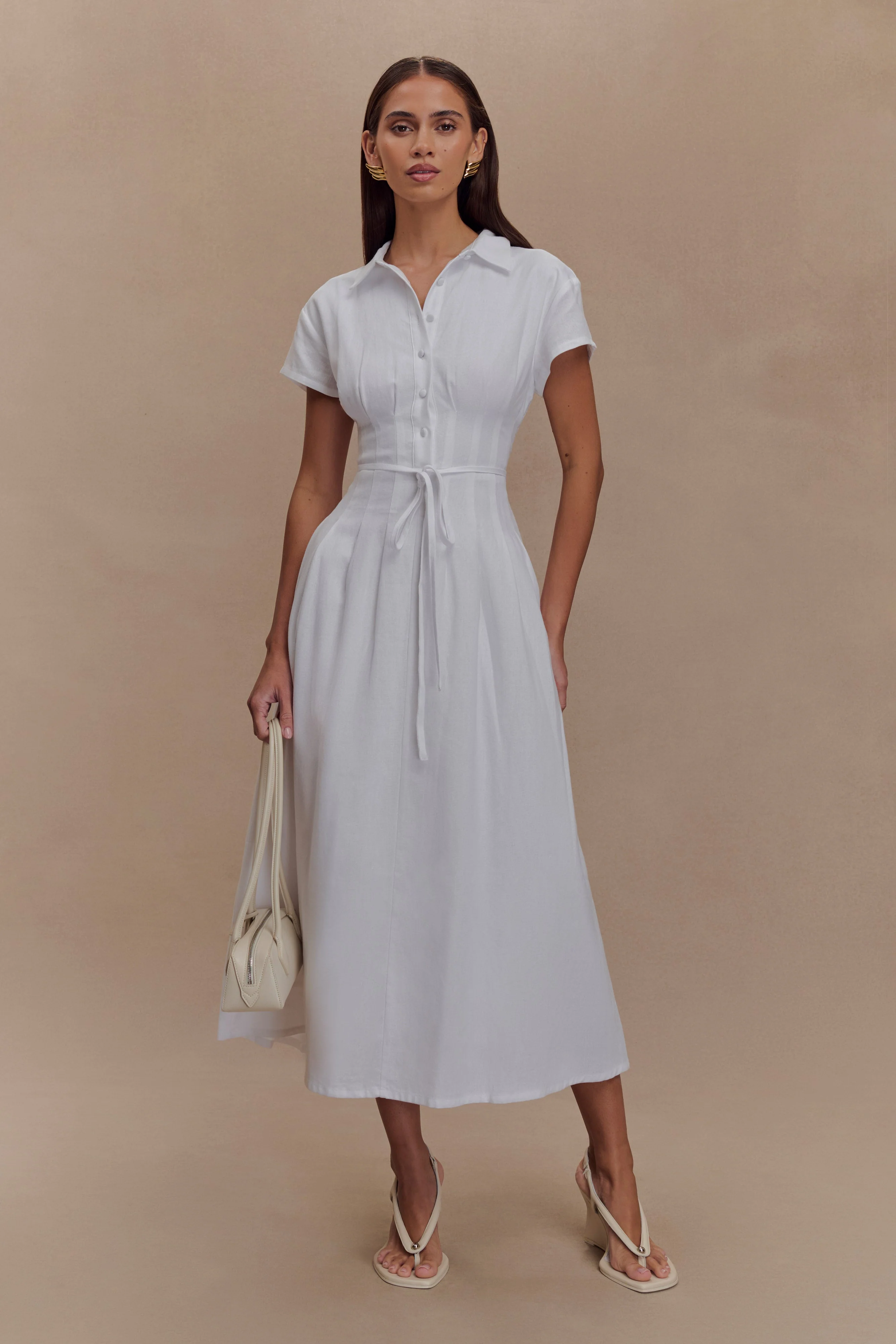 Aysha Buttoned Linen Midi Dress - White