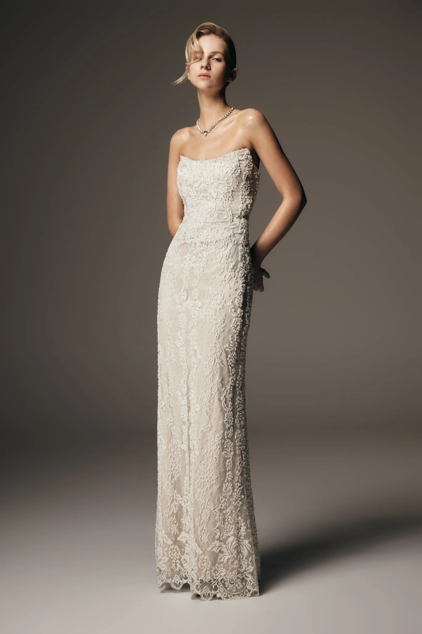 Eva Hand Beaded Pearl & Lace Maxi Dress - White