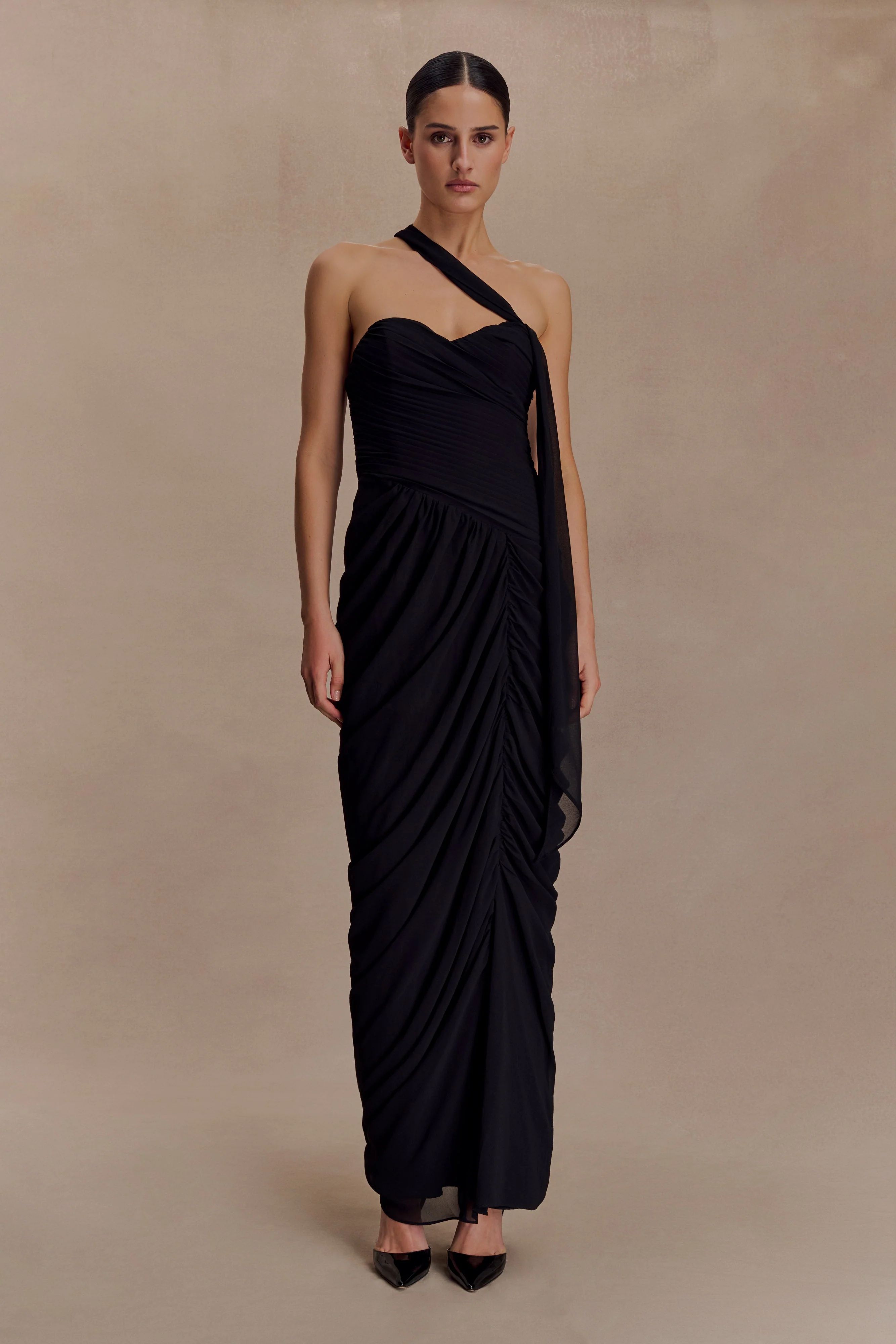 Micaela Chiffon Gathered Maxi Dress - Black