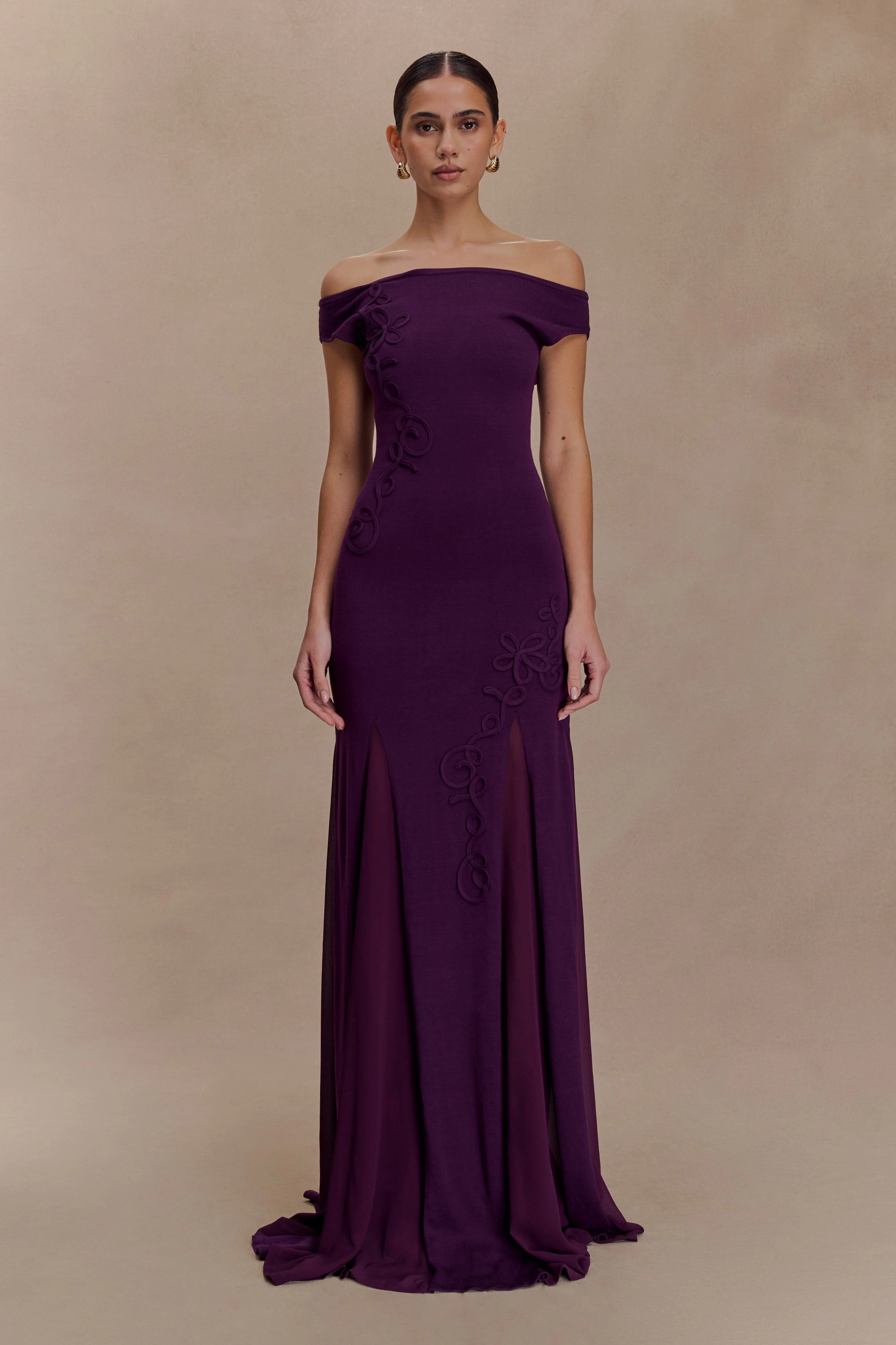 Nesta Embroidery Off Shoulder Knit Dress - Plum