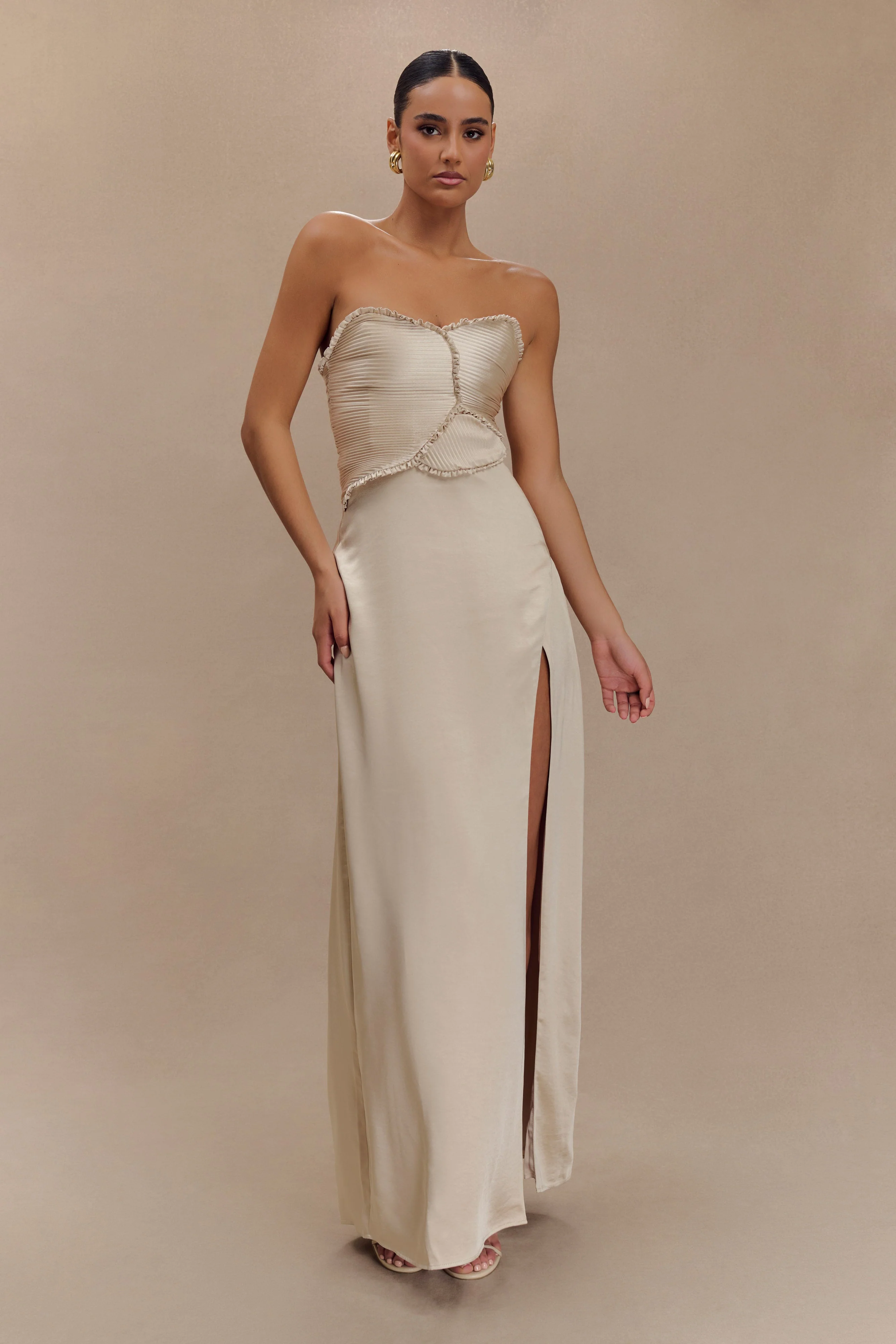 Larissa Satin Maxi Dress With Ruched Petals - Blush Gold