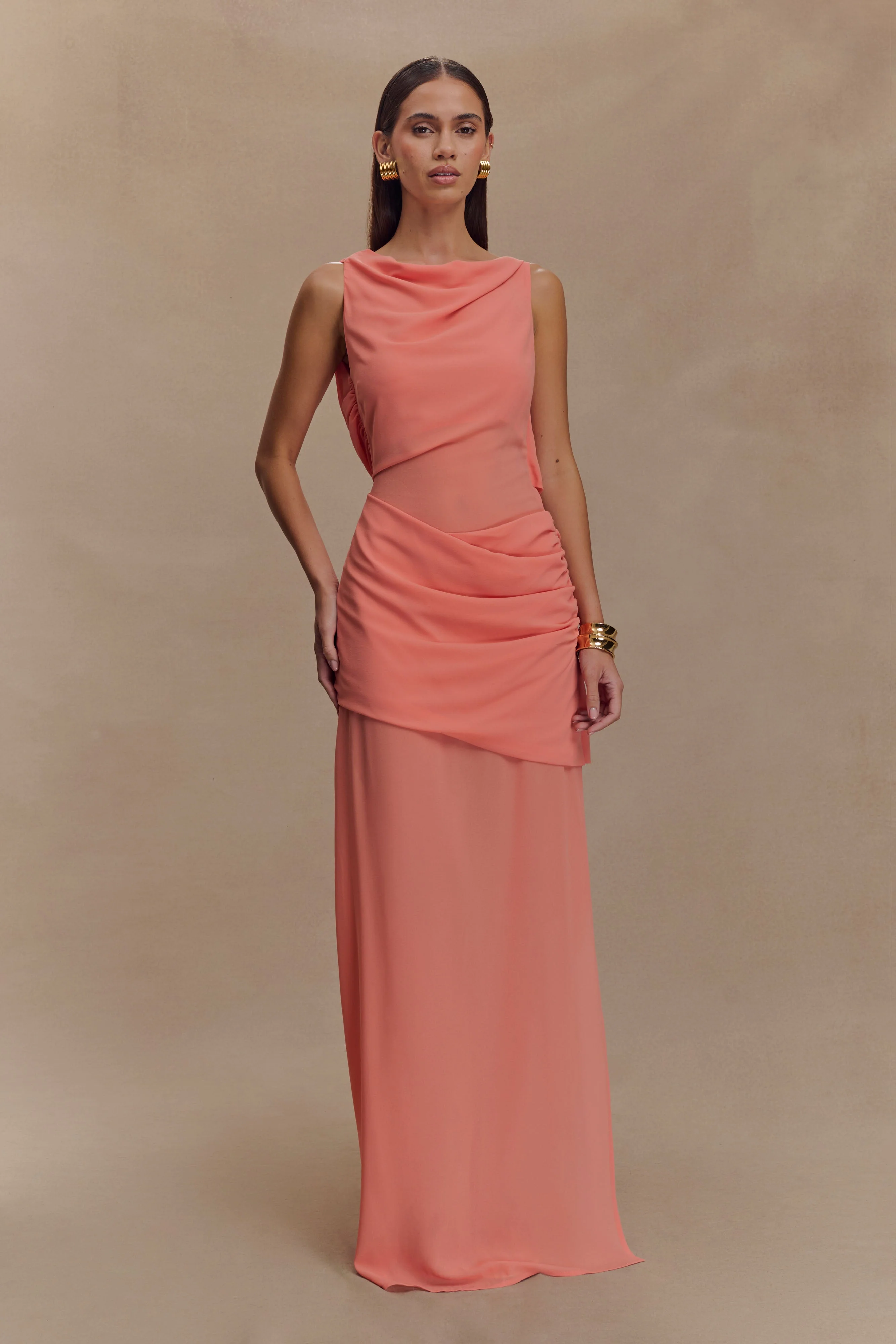 Daria Draped Chiffon Maxi Dress - Pastel Nectarine