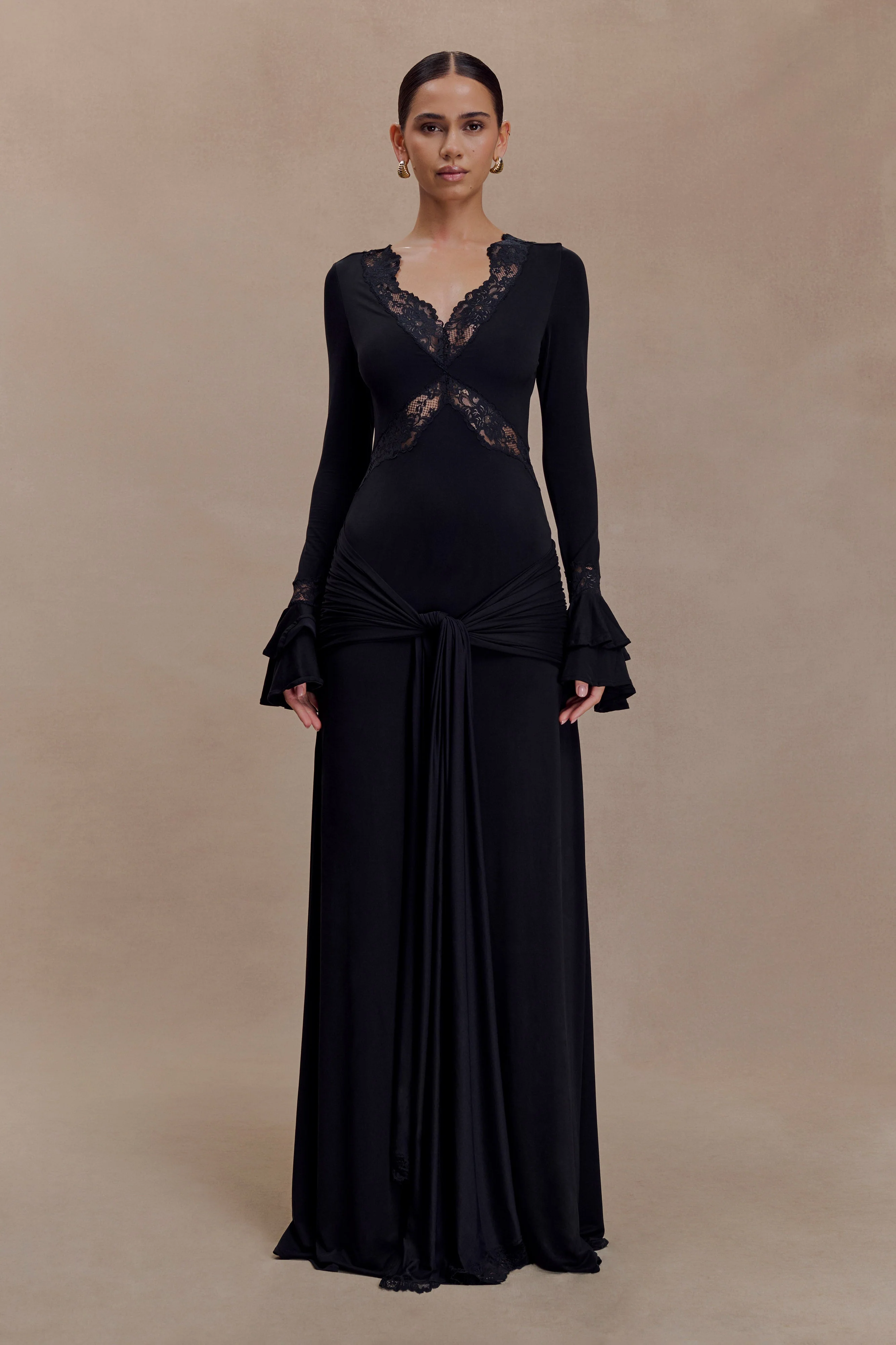 Electra Slinky Lace Maxi Dress - Black