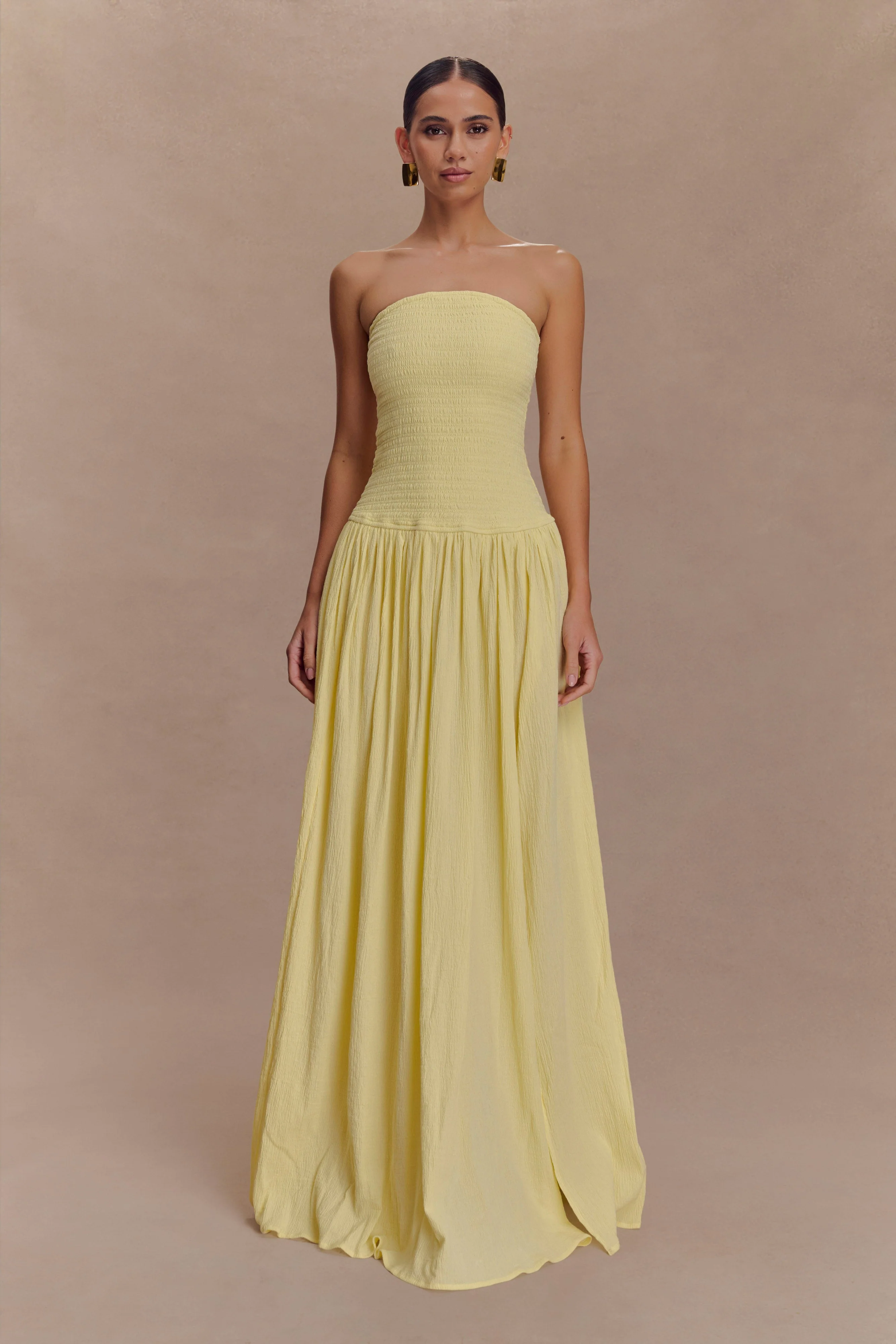Maureen Cotton Shirring Maxi Dress - Lemon