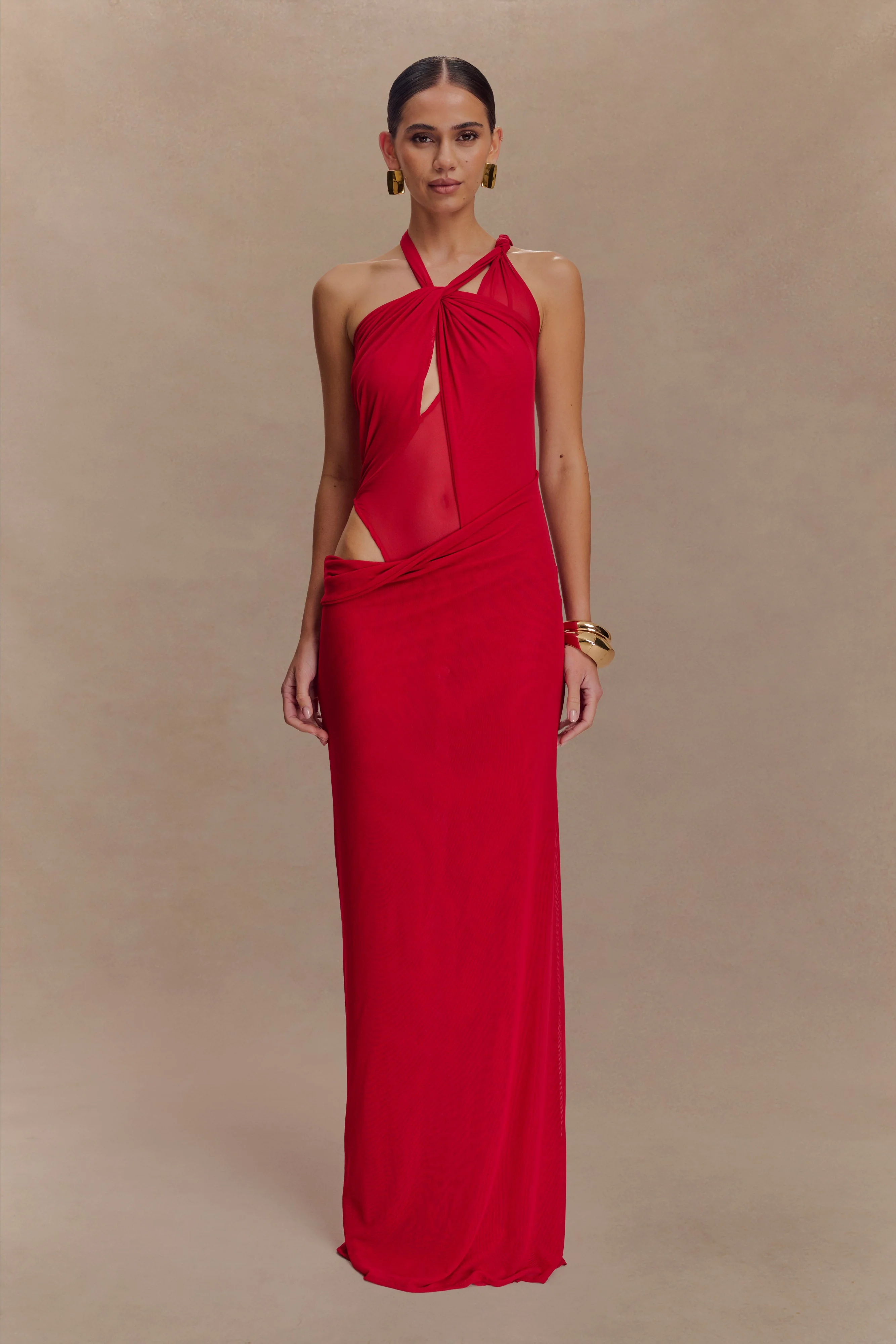 Edwina Knotted Mesh Maxi Dress - Red