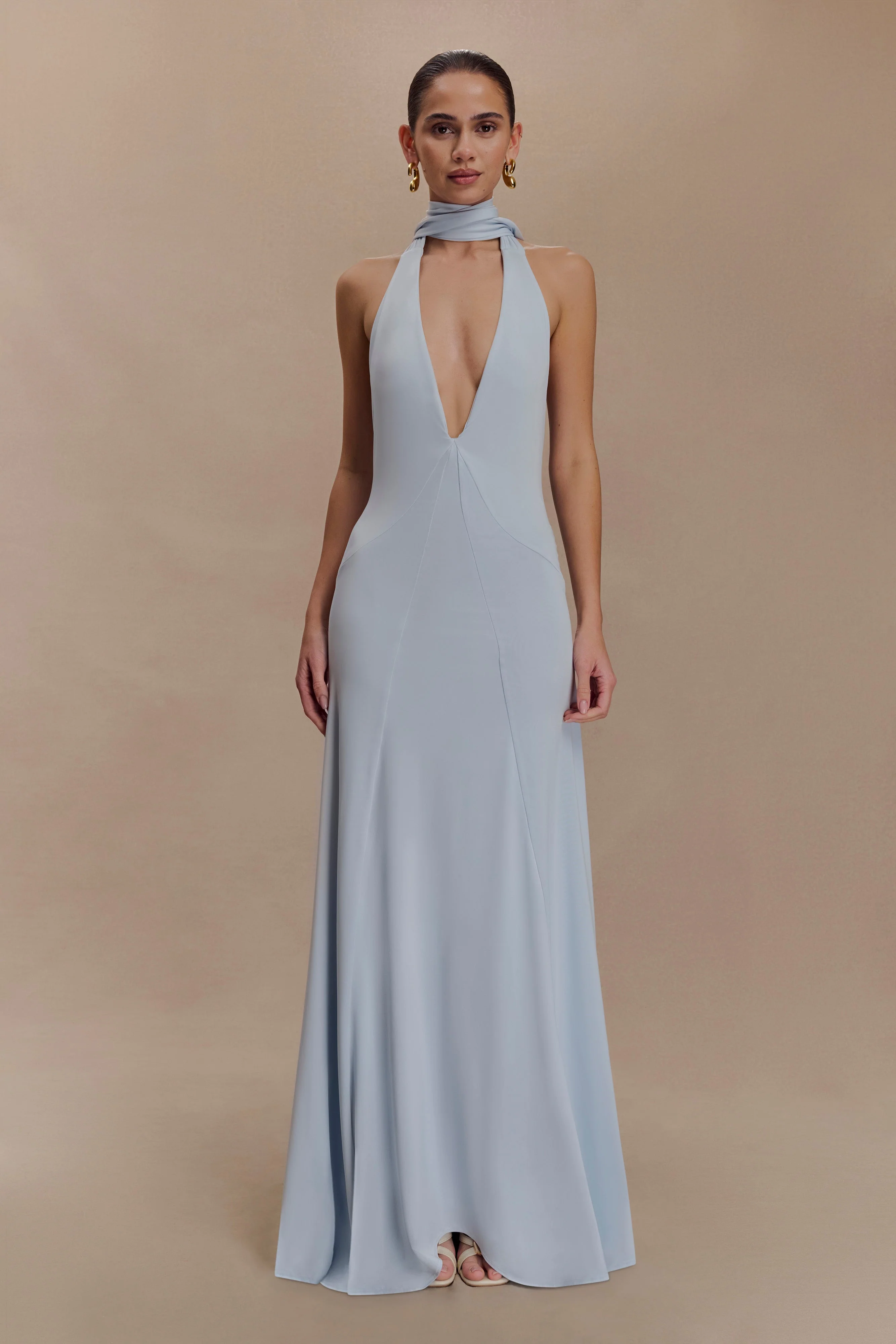Juliet Slinky Maxi Dress With Scarf - Pale Blue