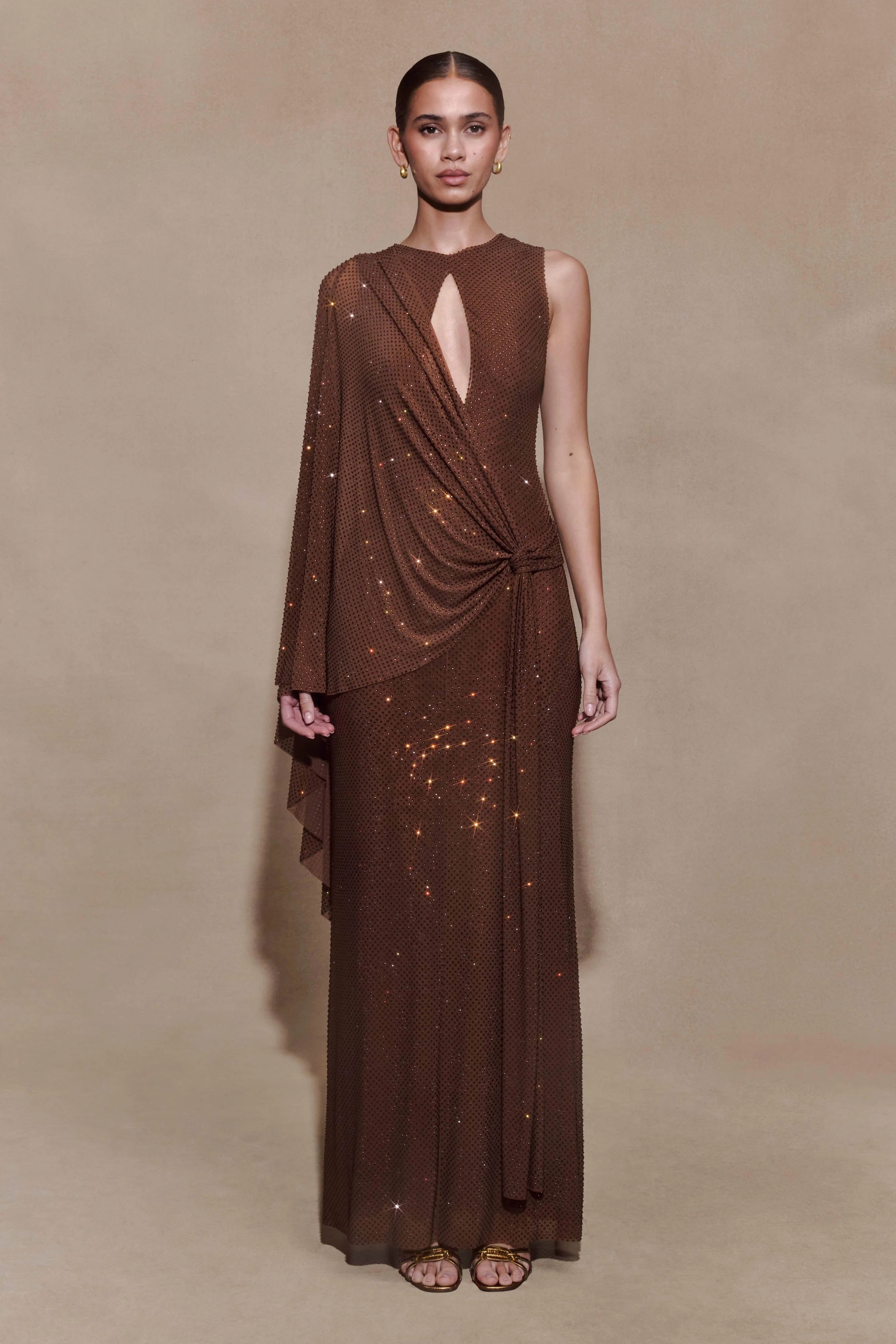 Bakari Diamante Cape Maxi Dress - Chocolate