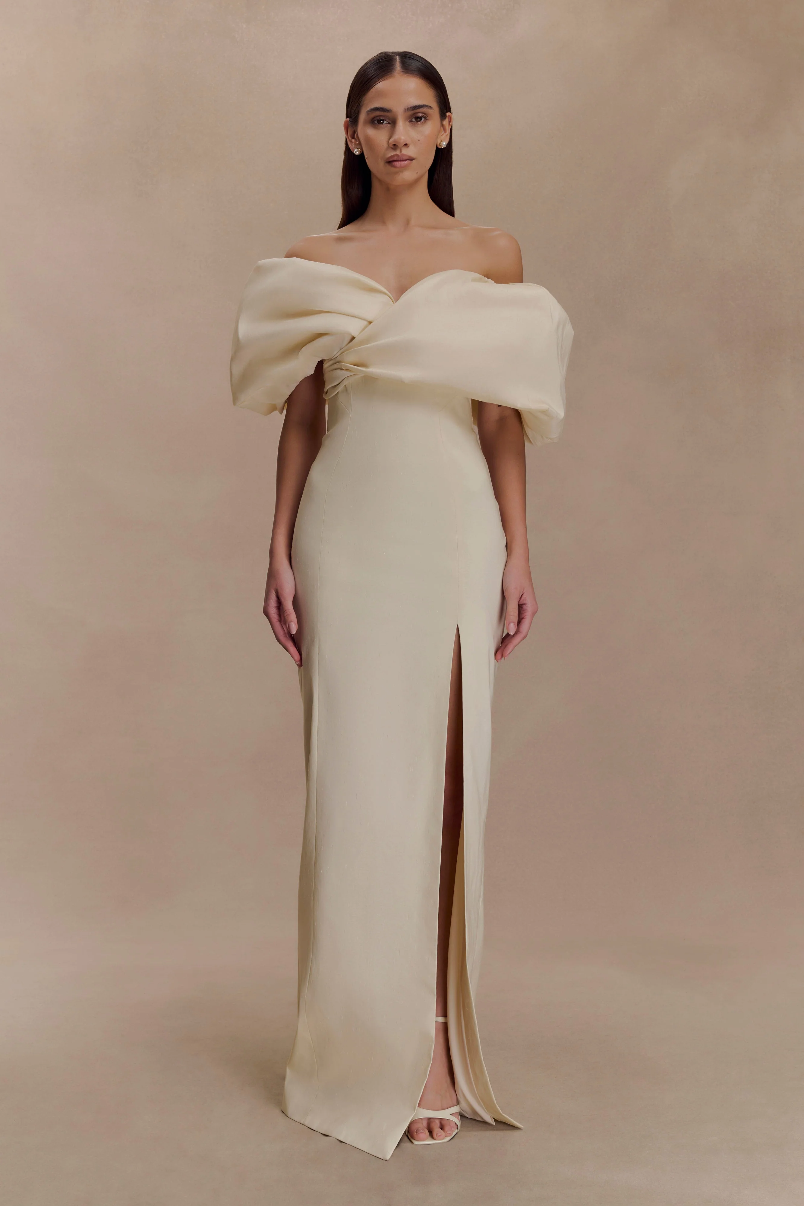 Angelica Taffeta Off Shoulder Bridal Gown - Soft Beige