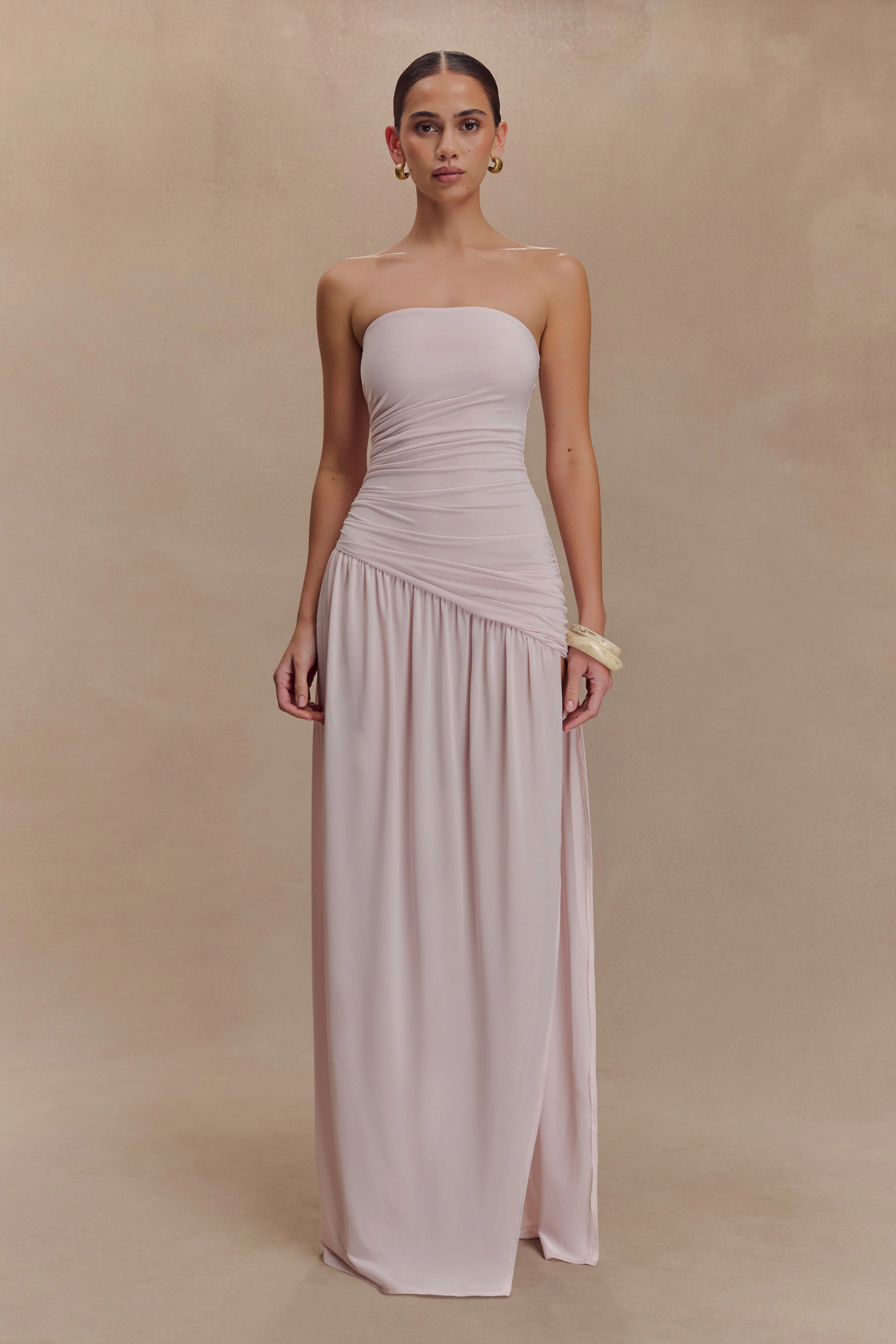 Bex Strapless Slinky Maxi Dress With Split - Pale Pink