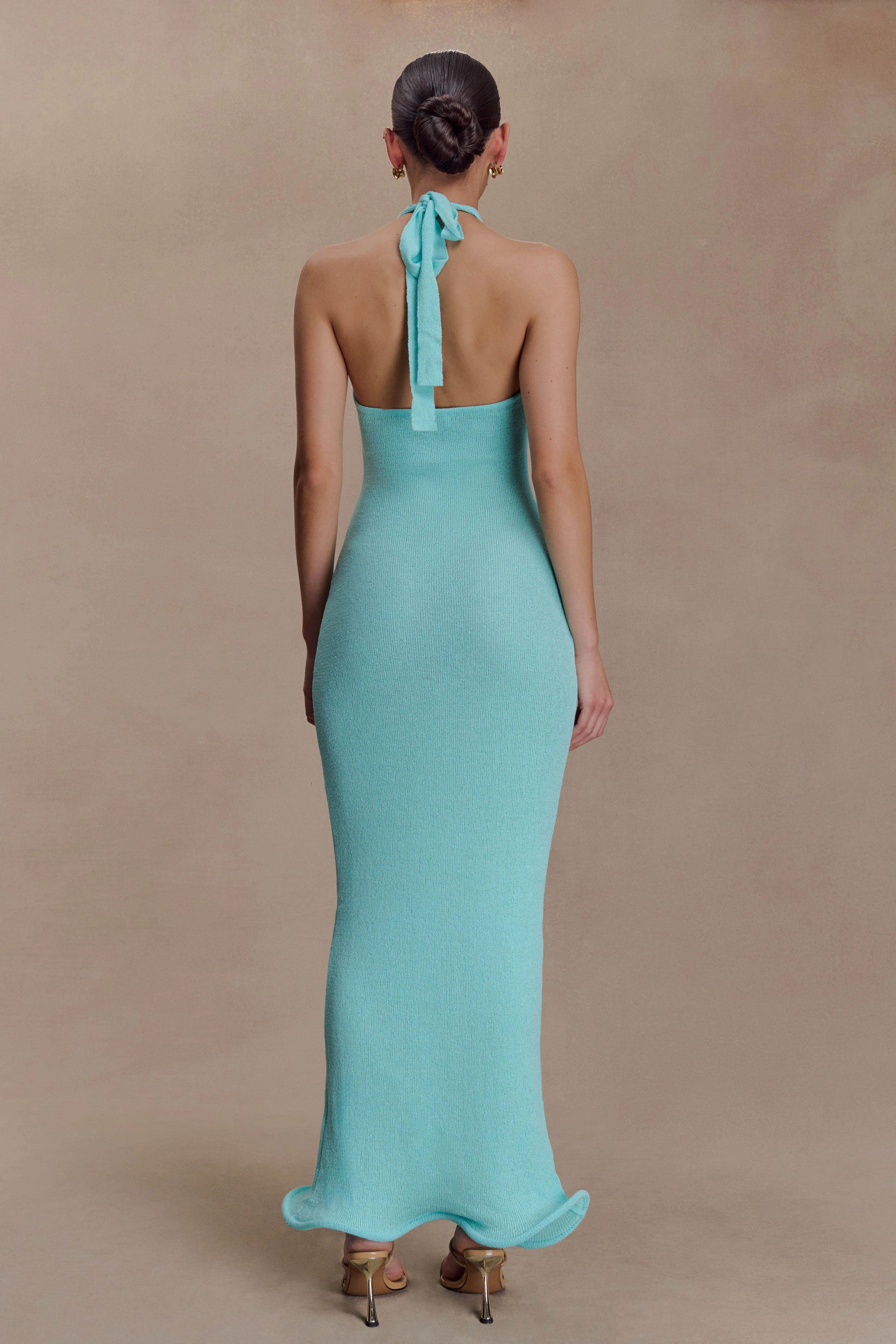 Melodie Halter Knit Maxi Dress - Cyan Blue